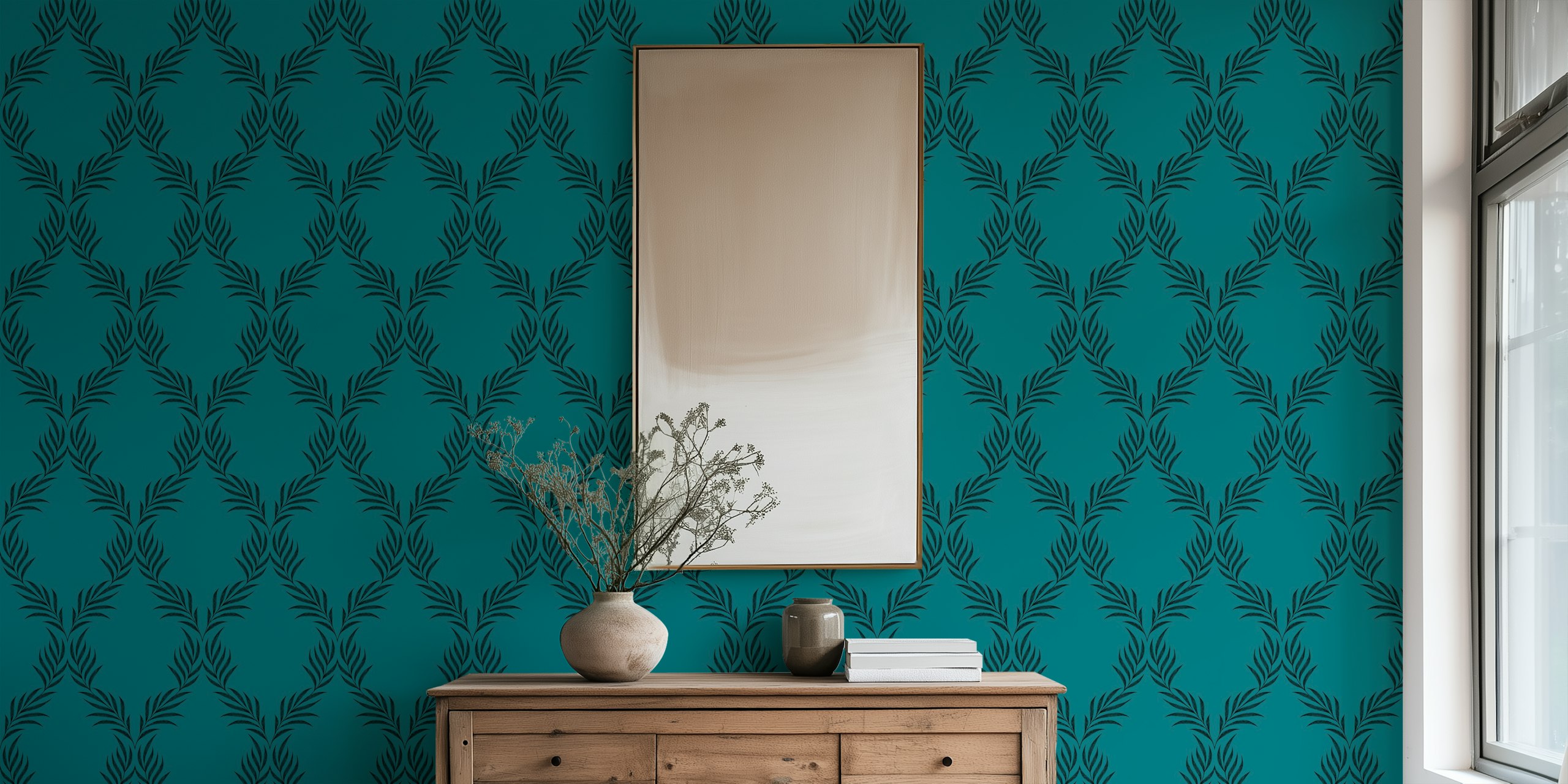 Tapeta Vintage Lattice Palm Leaf u teal