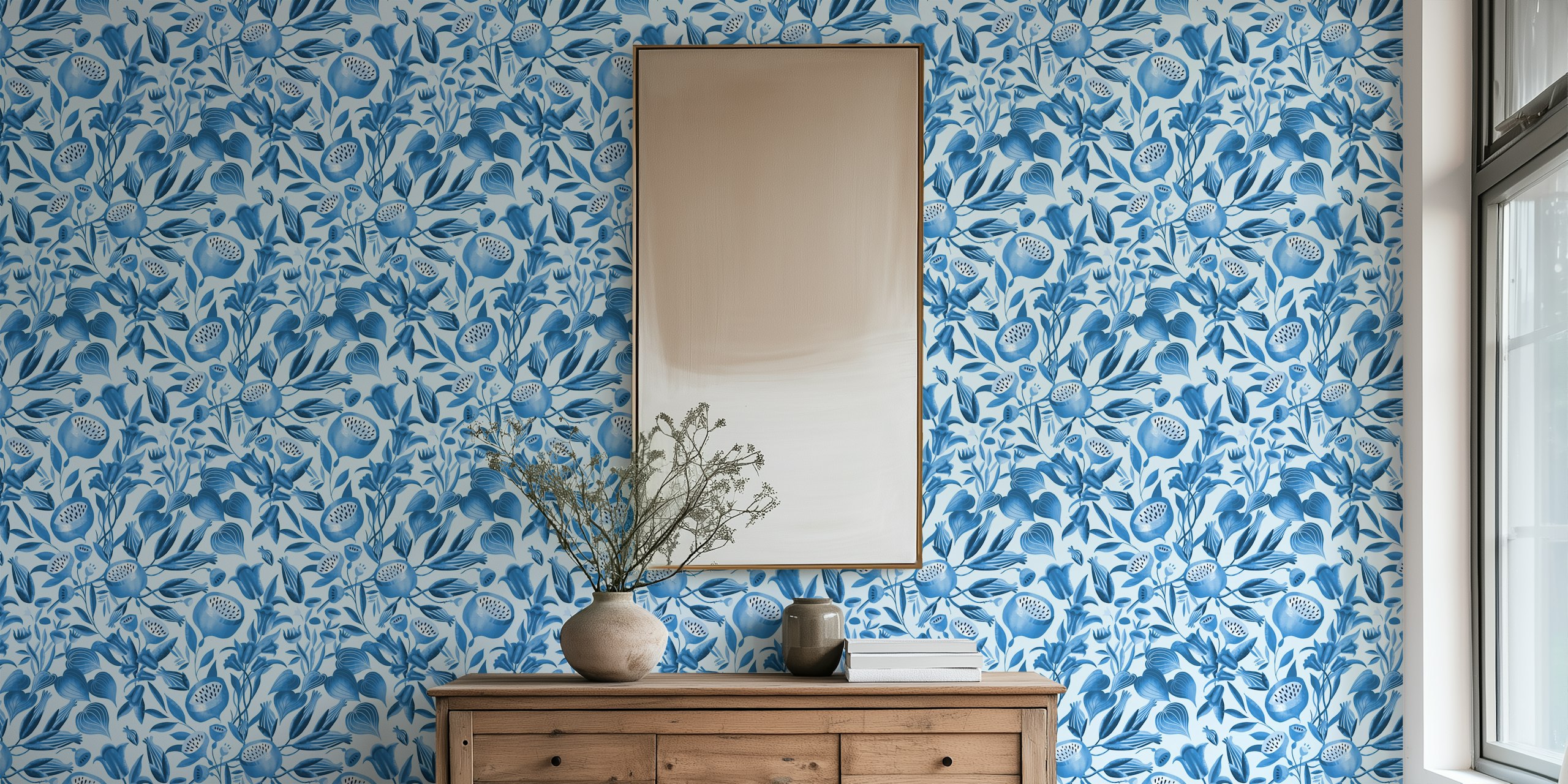 Papel de parede Porcelain blue garden foliage em um quarto
