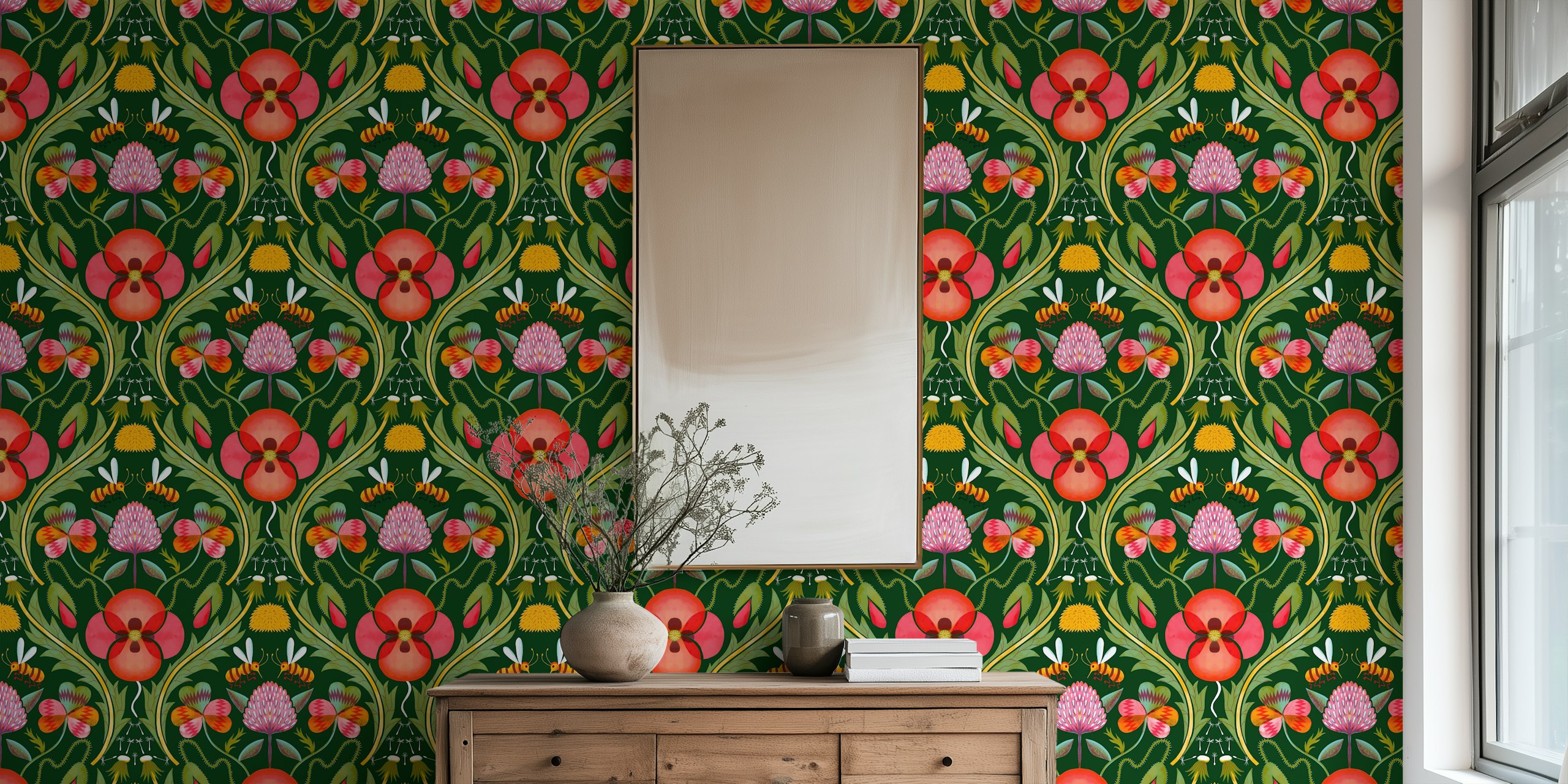 Colorful floral and bee pattern in bright colors wallpaper