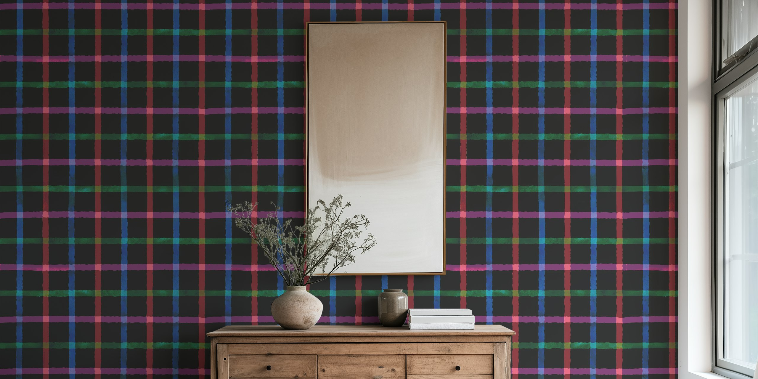 Ταπετσαρία Hand-Painted Check Dark Watercolor Plaid στο δωμάτιο