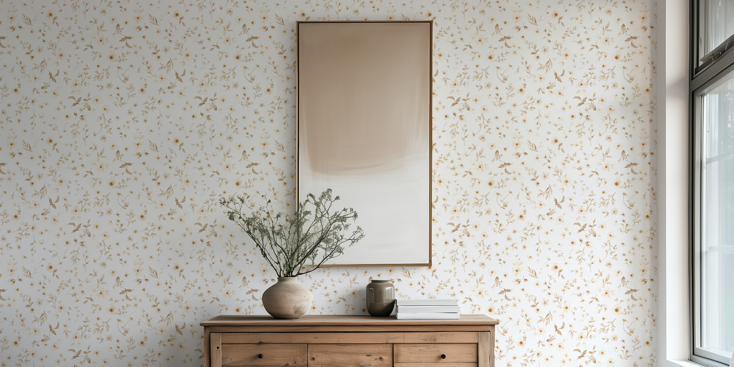 Floral wallpaper design in a room setting