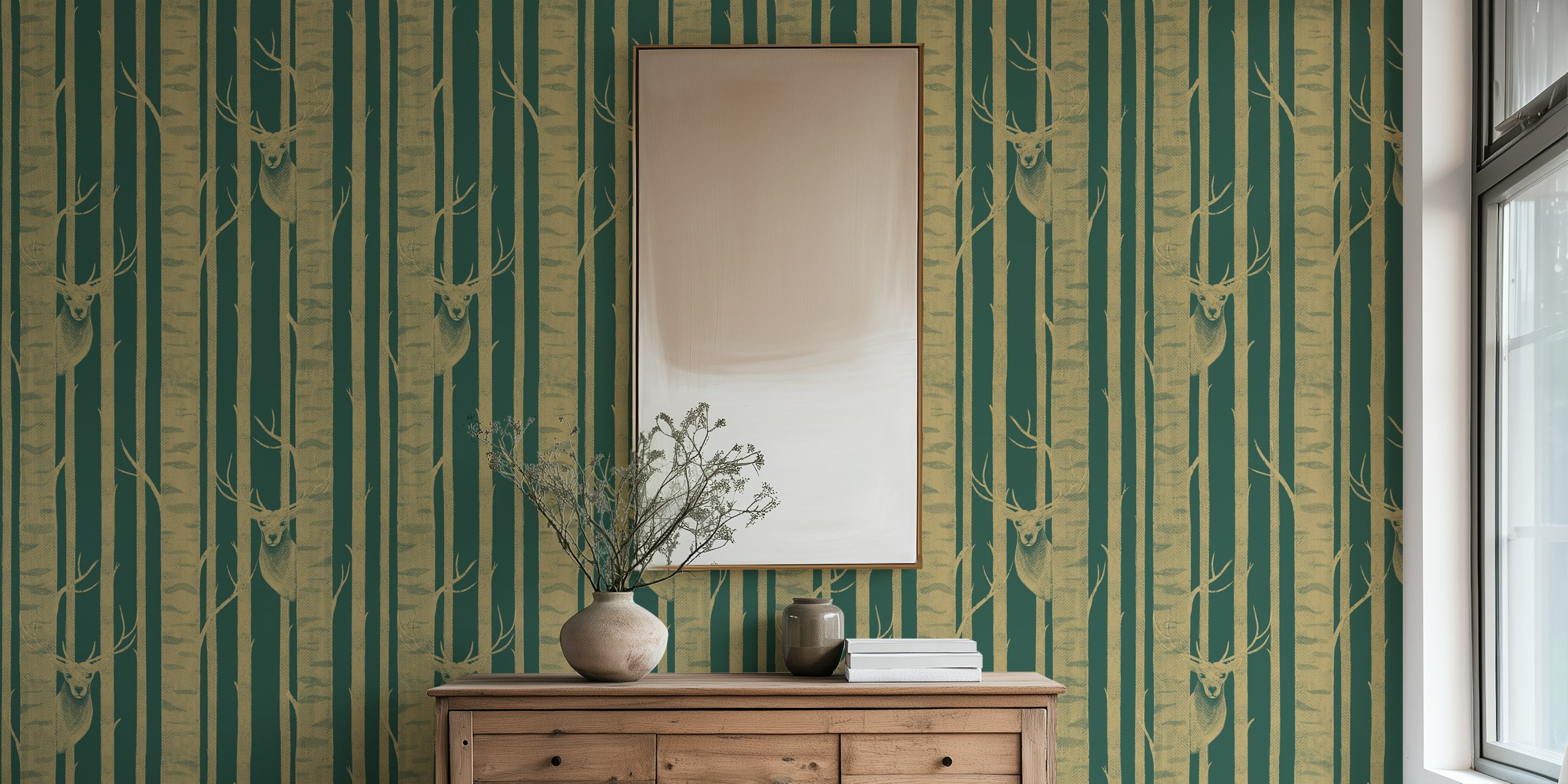 Deer in the Trees Dark Green wallpaper in room