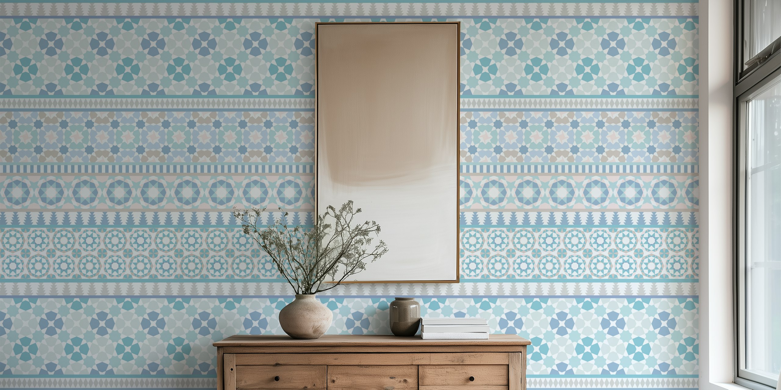 Geometric patterns in pastel blue and beige wallpaper