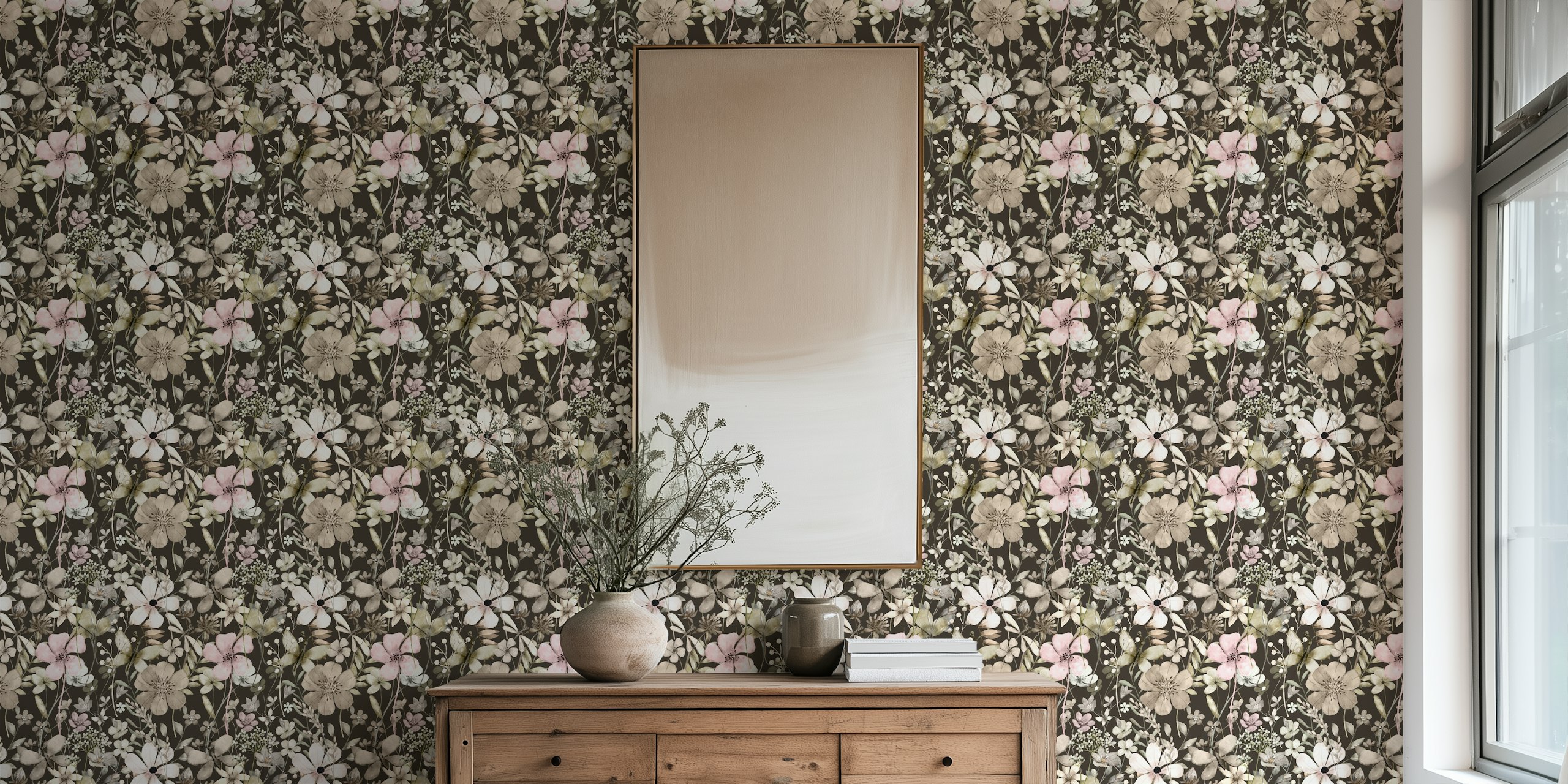 Floral dreamy garden wallpaper in een kamer