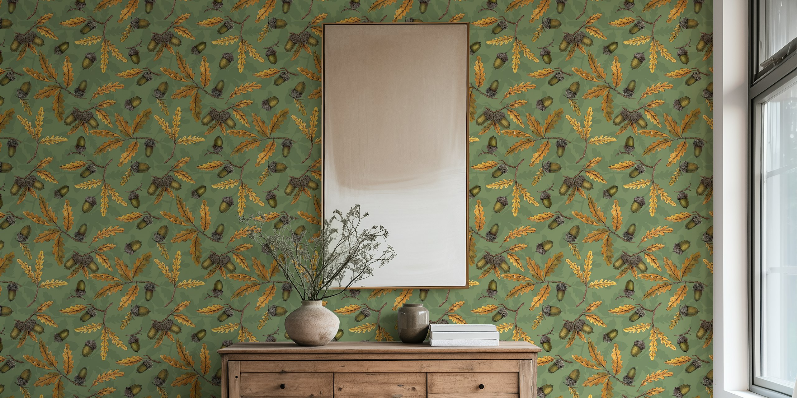 Acorns and oak leaves wallpaper design on green