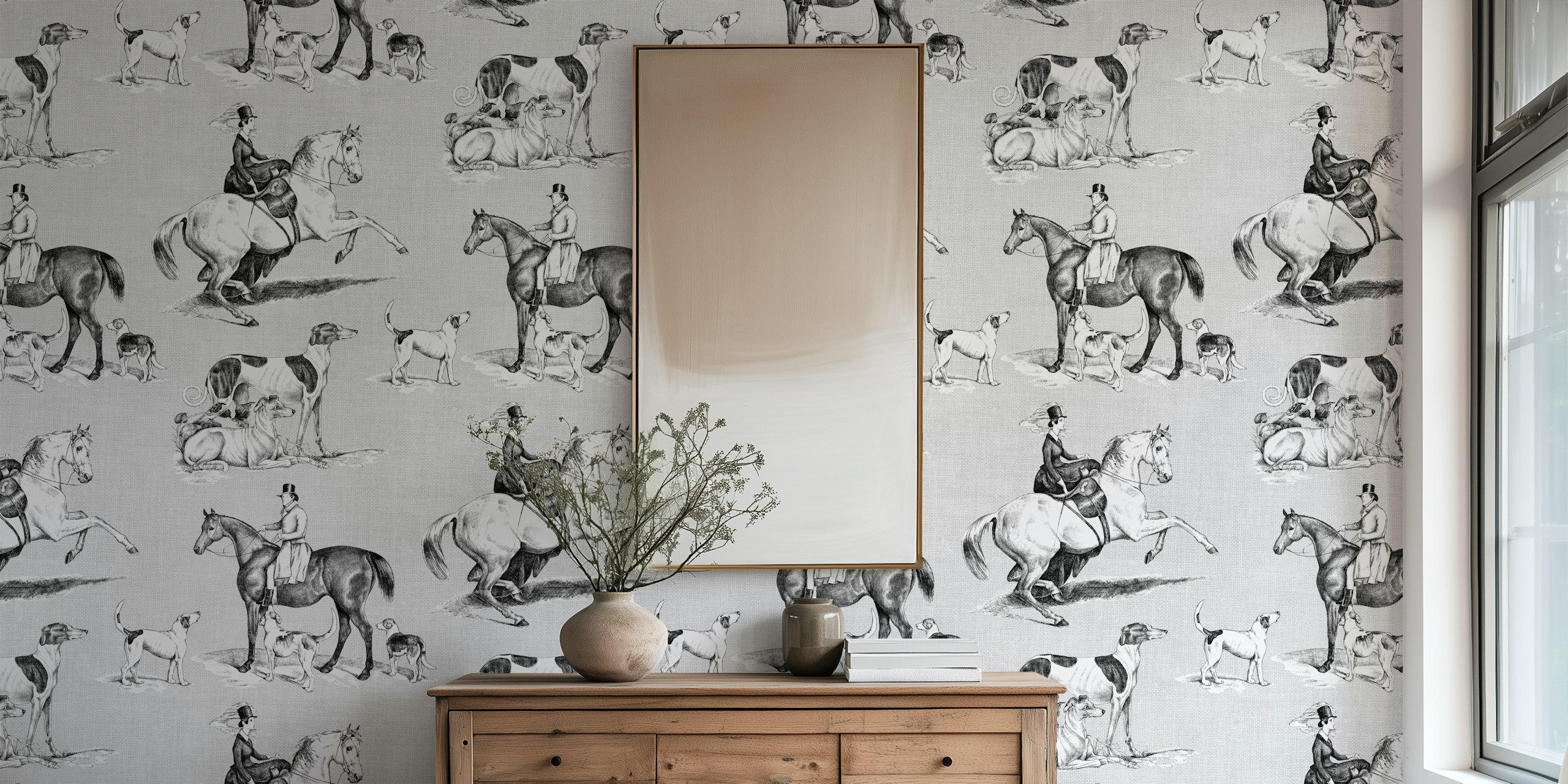 Black and white equestrian toile wallpaper