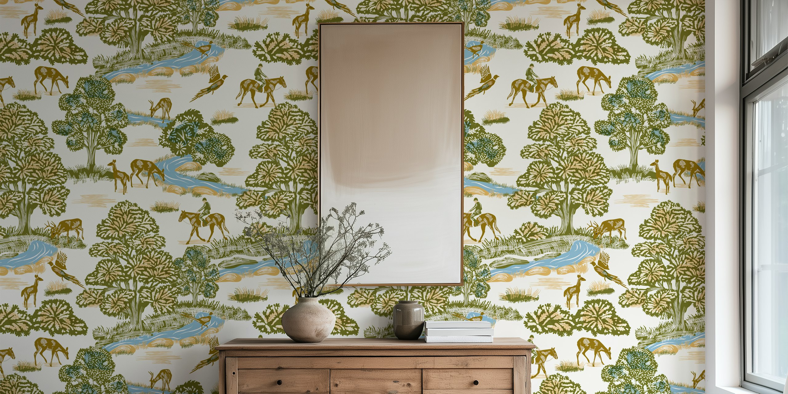Nature scene wallpaper featuring trees, deer, and a stream in green and beige tones