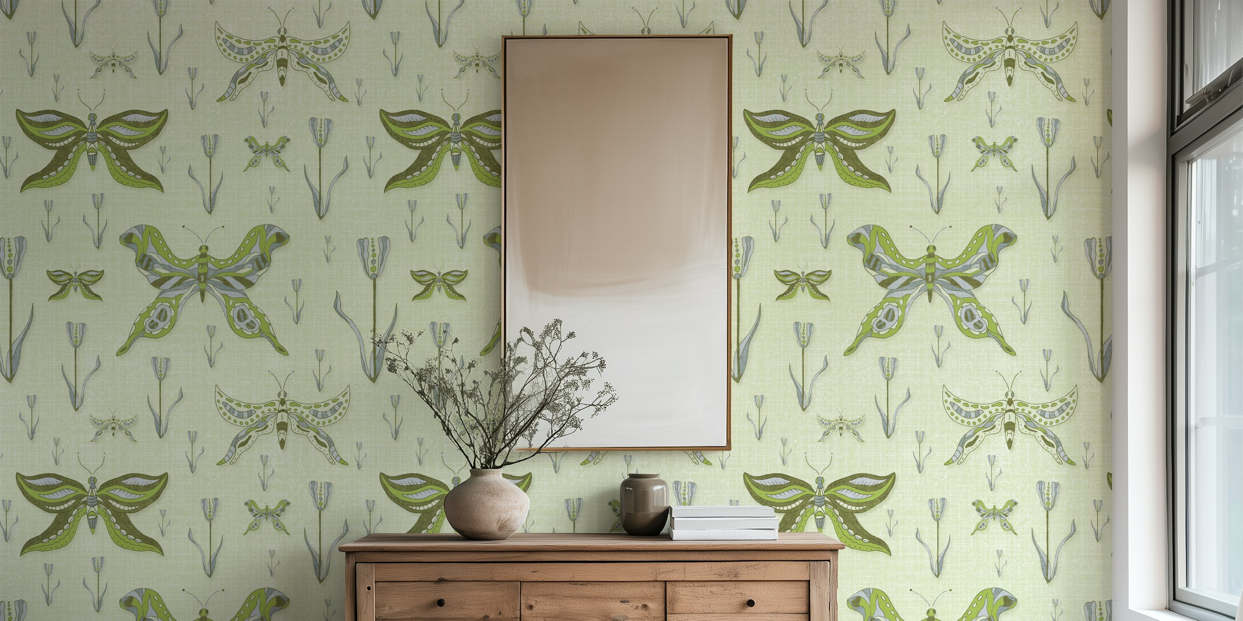 Forest Green Bountiful Butterflies Garden diseño de papel tapiz