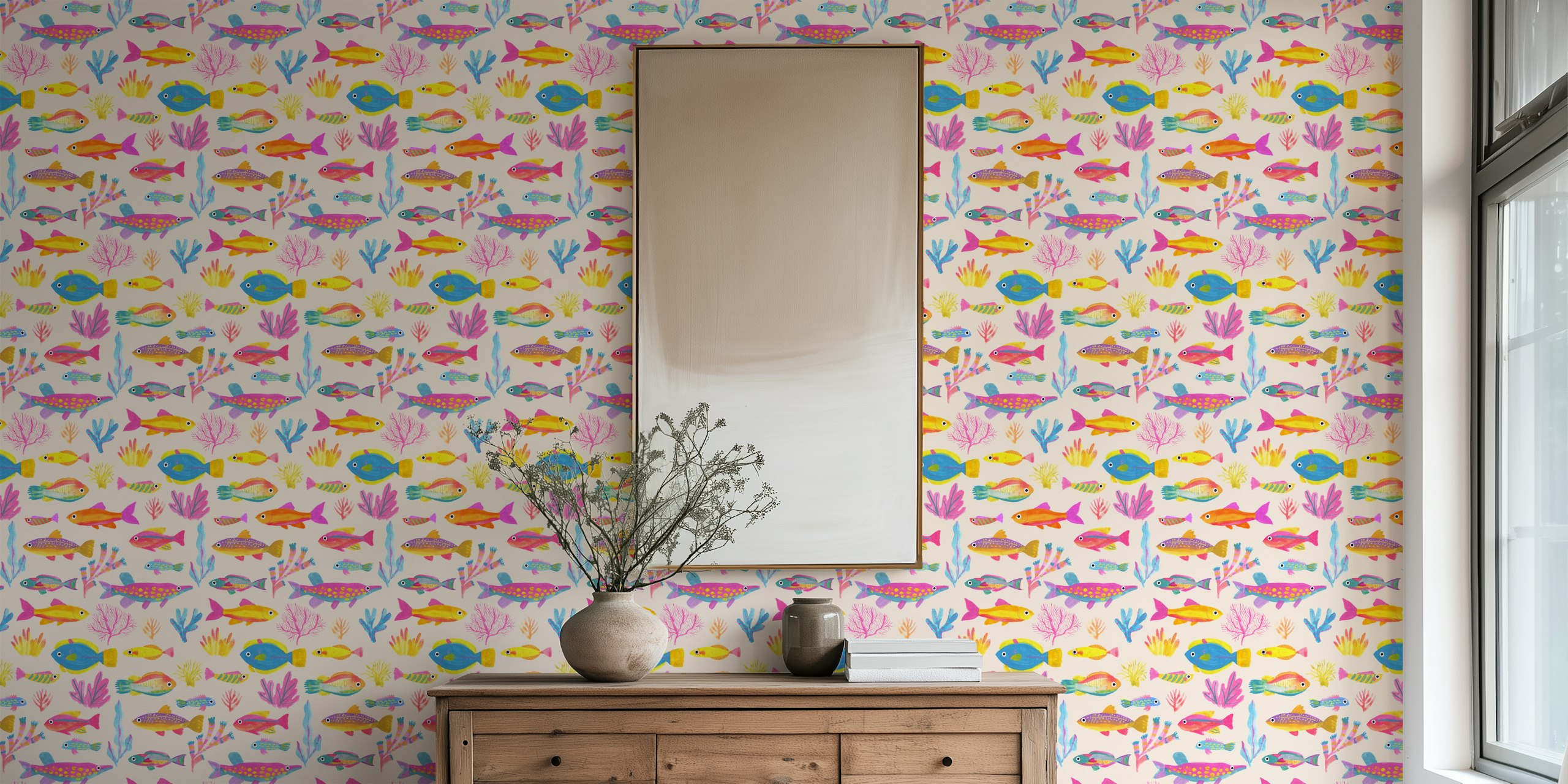Colorful fish and coral design in bright pink and blue wallpaper