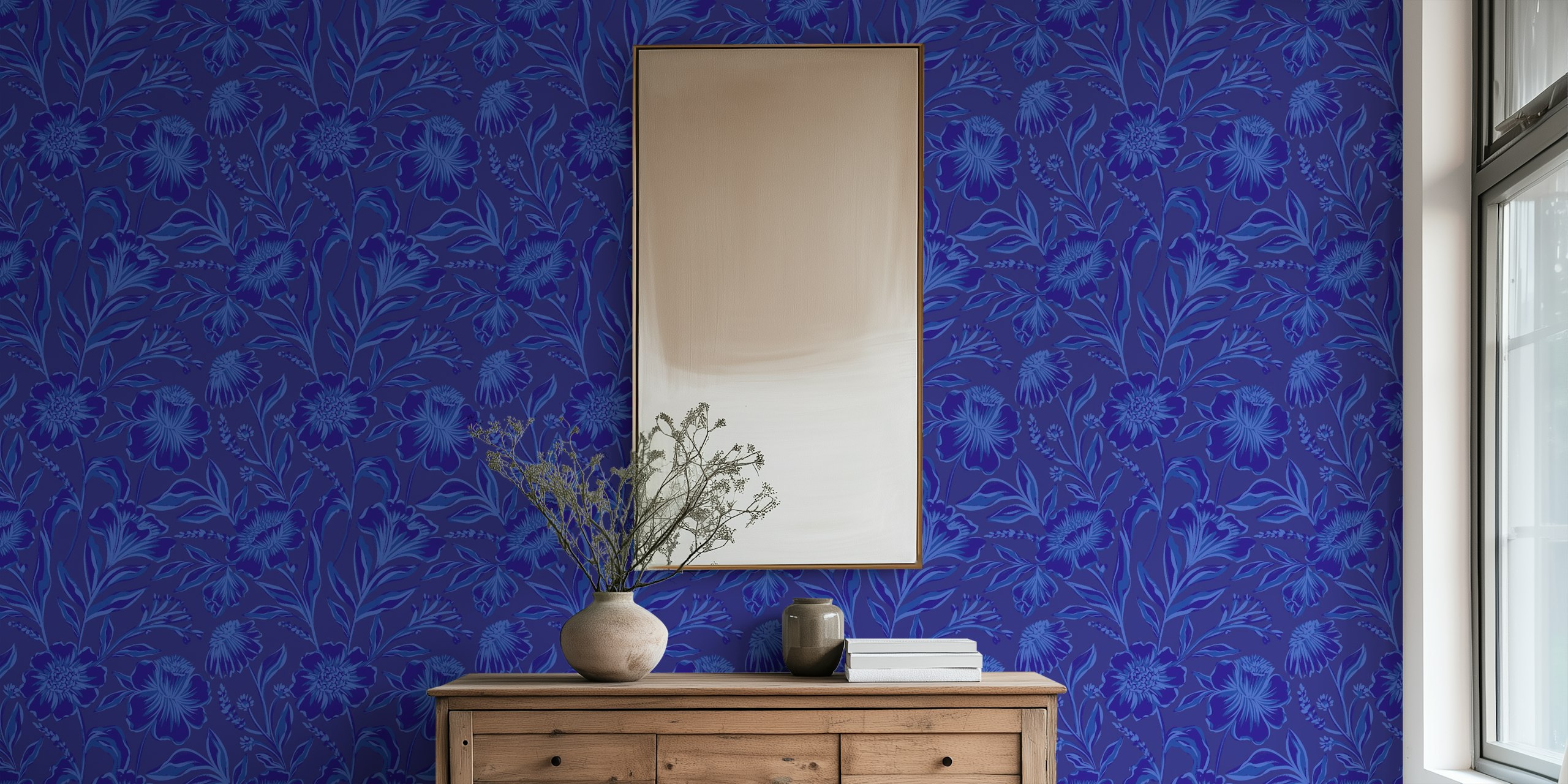 Deep Blue Flower Night wallpaper in a room