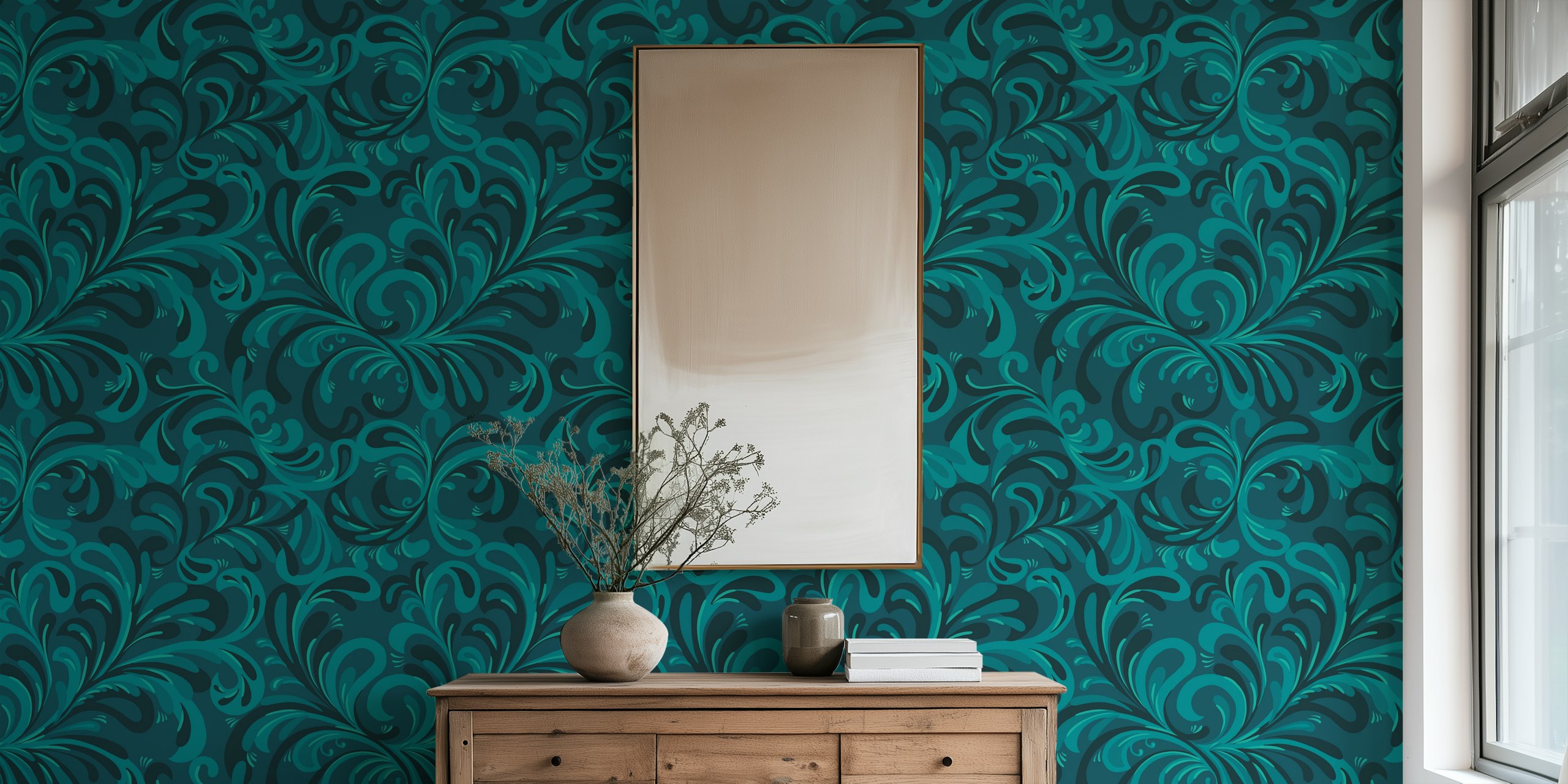 Bohemian jewel flourish monochrome teal Tapete