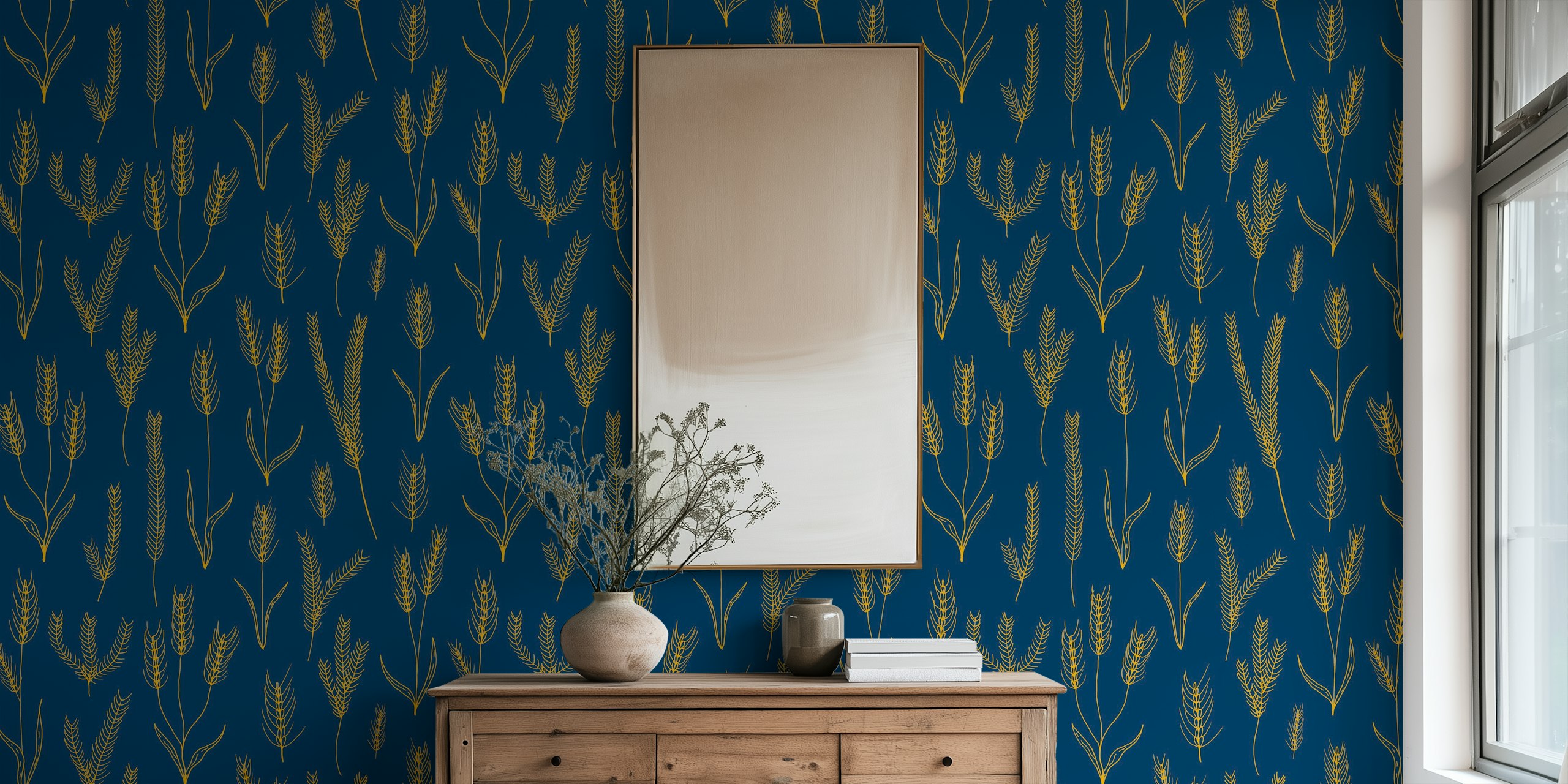 Navy blue wallpaper with yellow wheat floral pattern