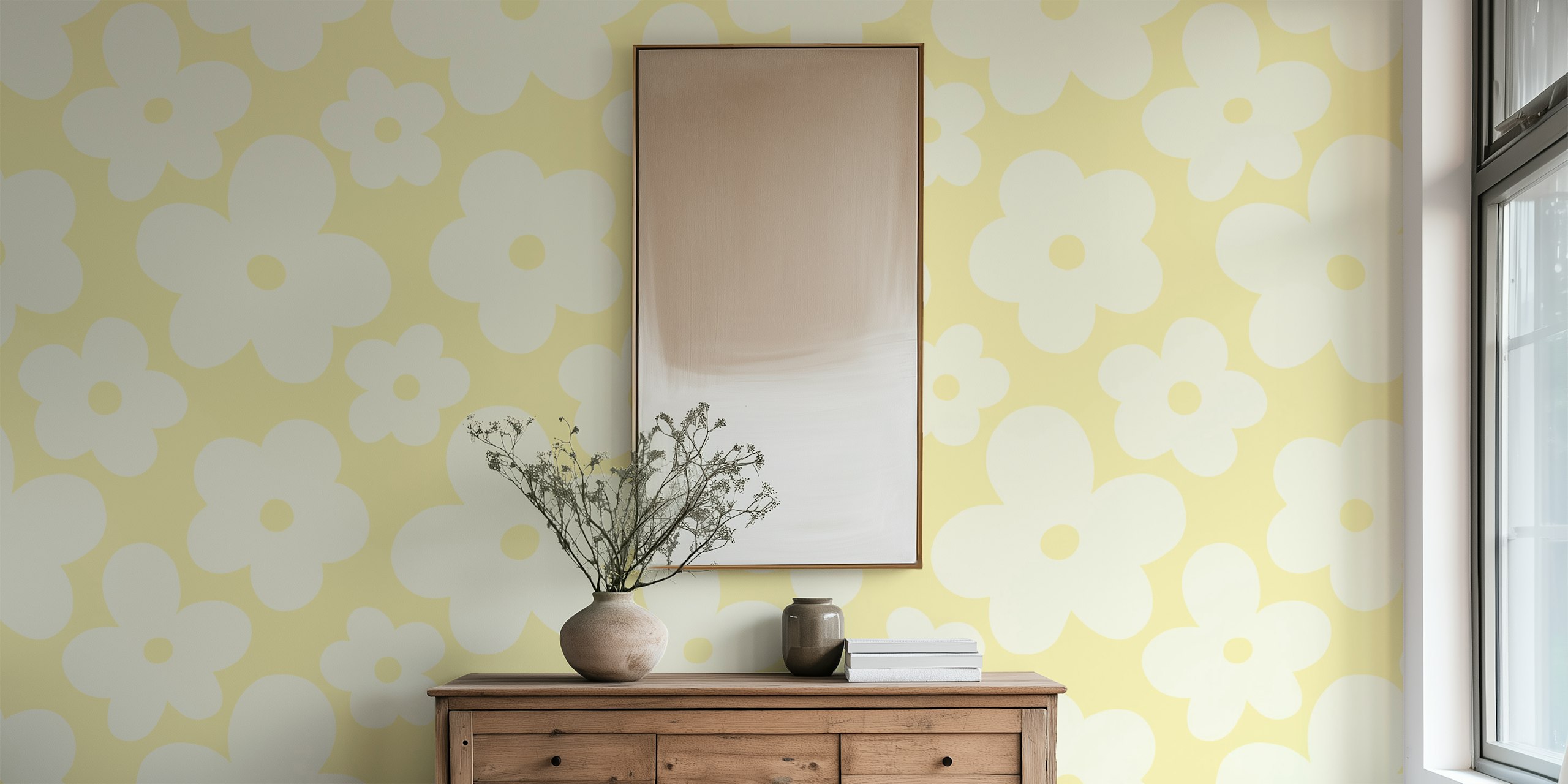 Yellow floral pattern wallpaper featuring large white flowers