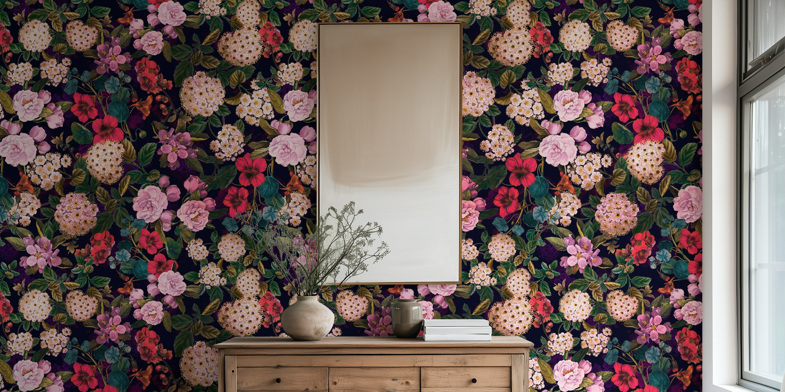 Colorful floral patterns in pink and purple on a dark background wallpaper