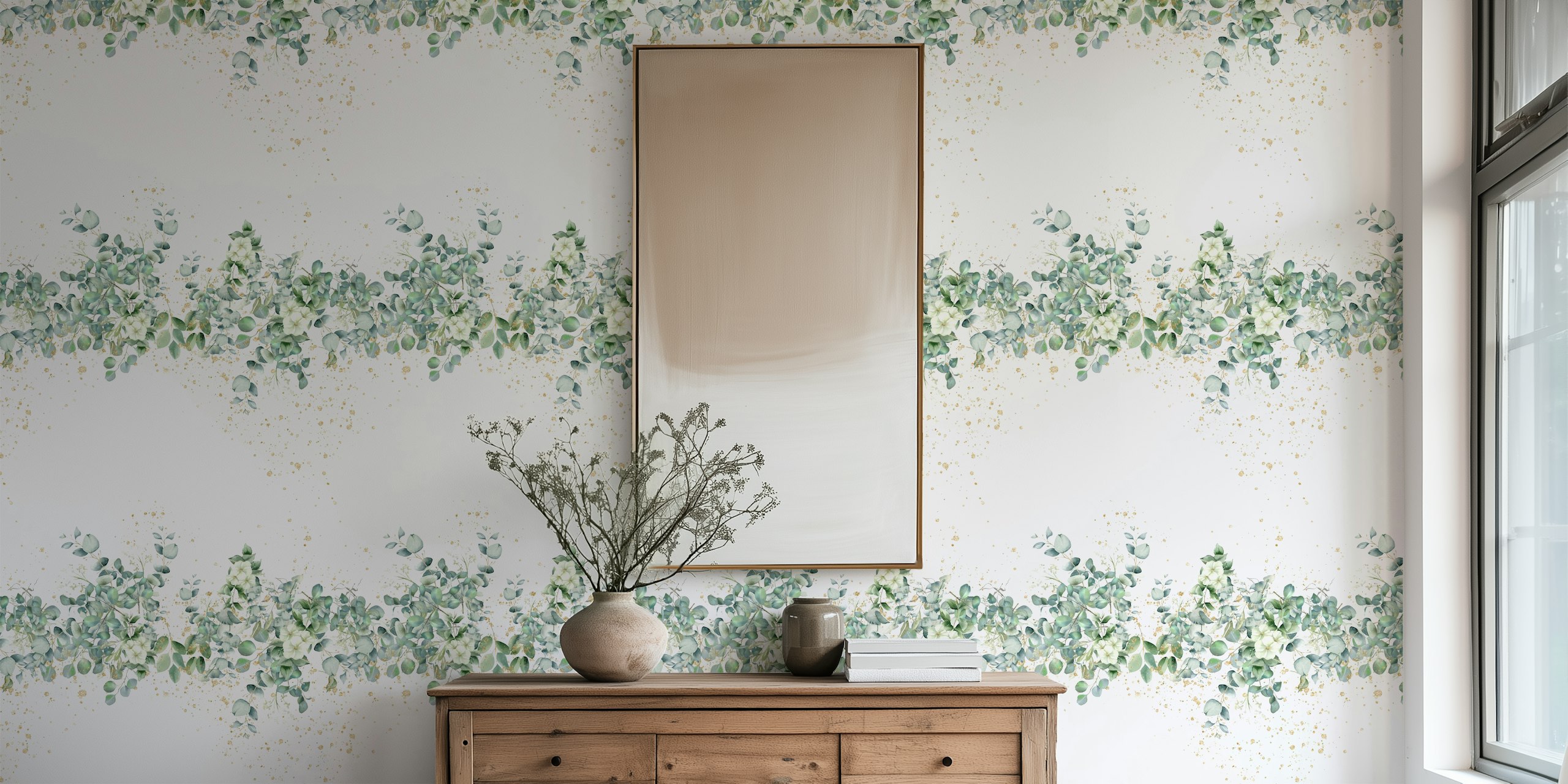 Eucalyptus Leaves wallpaper displayed in a room