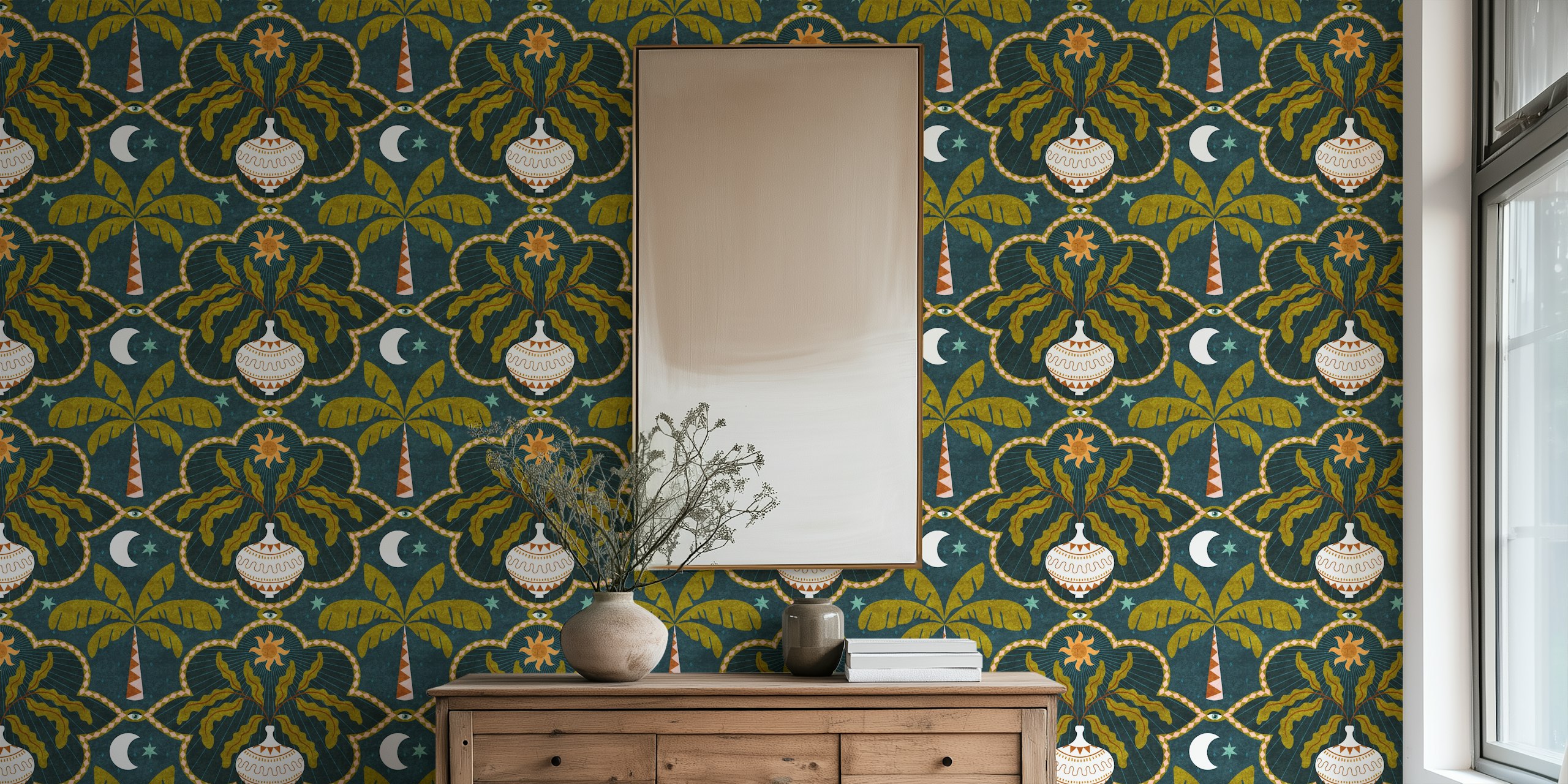 Dark Boho Celestial Moon Palm Tile wallpaper