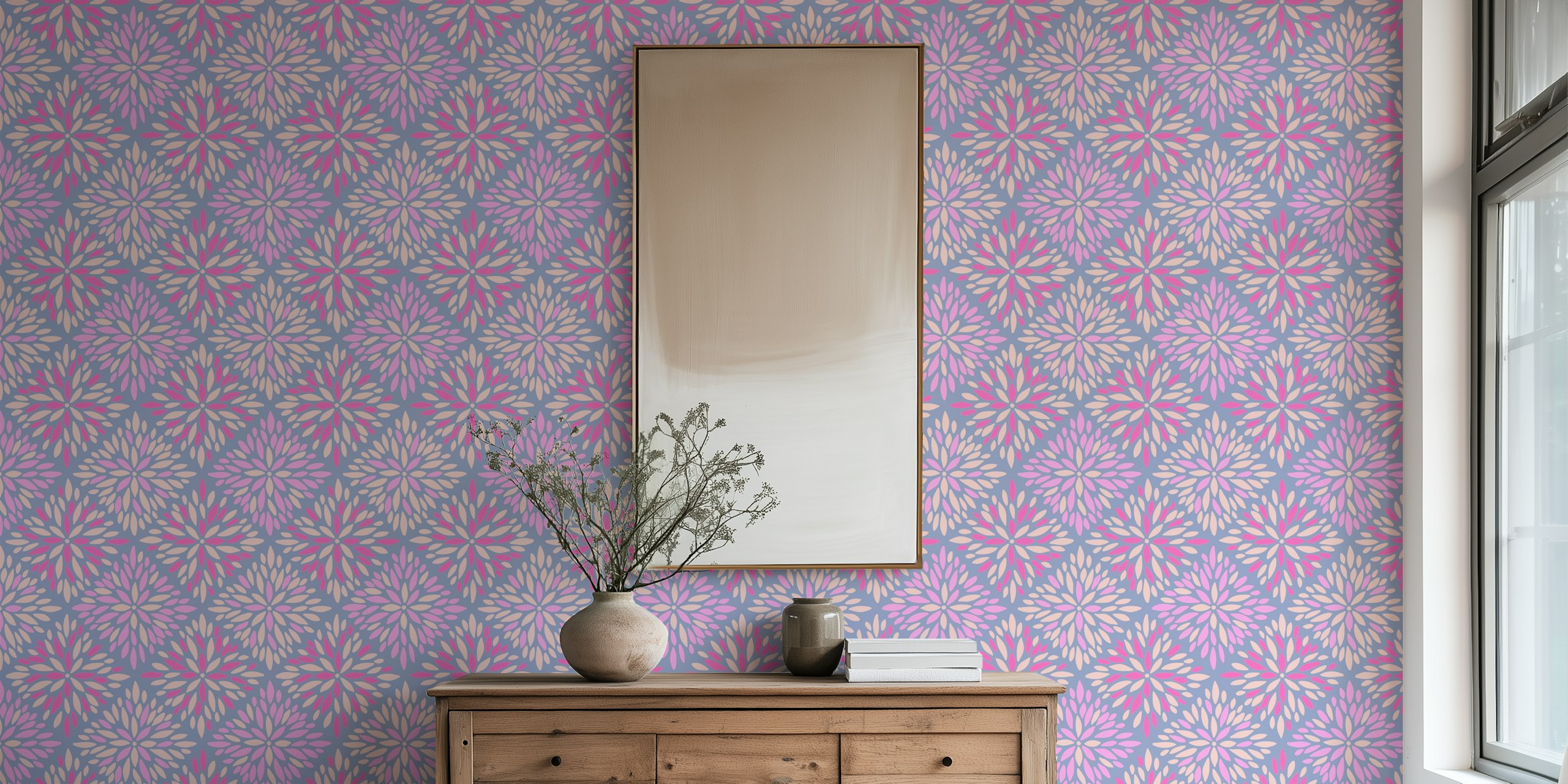 Dahlia Diamonds Boho Floral Tile Lavender wallpaper in a room
