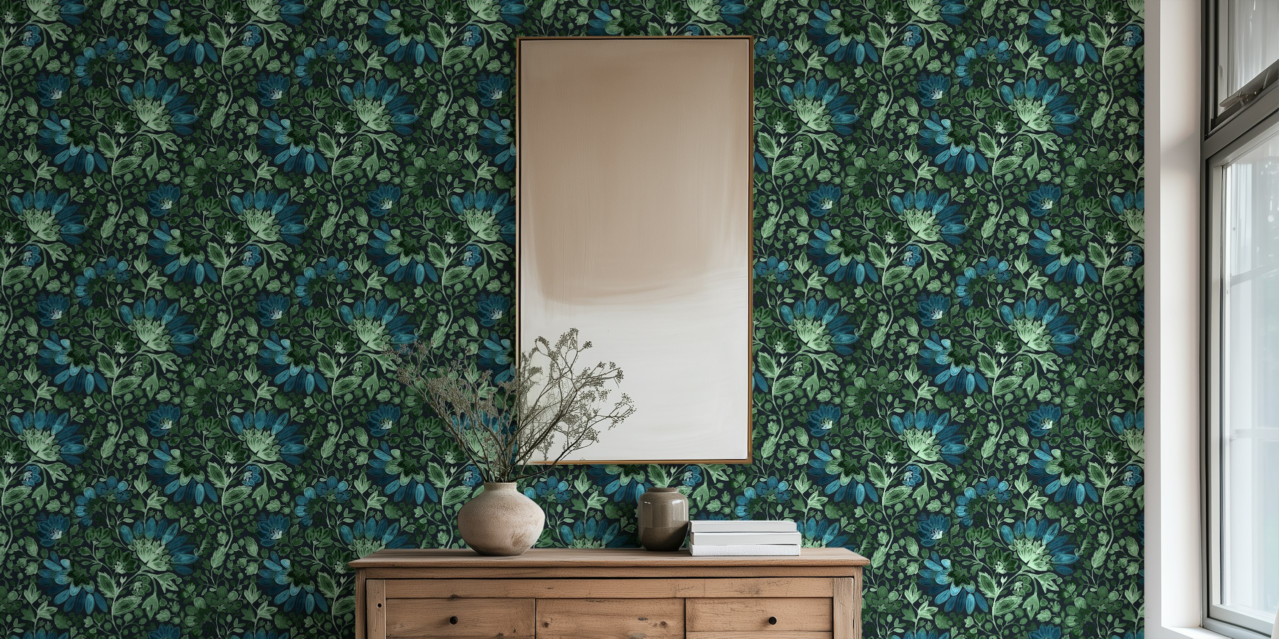 Emerald green and blue floral pattern on dark background wallpaper
