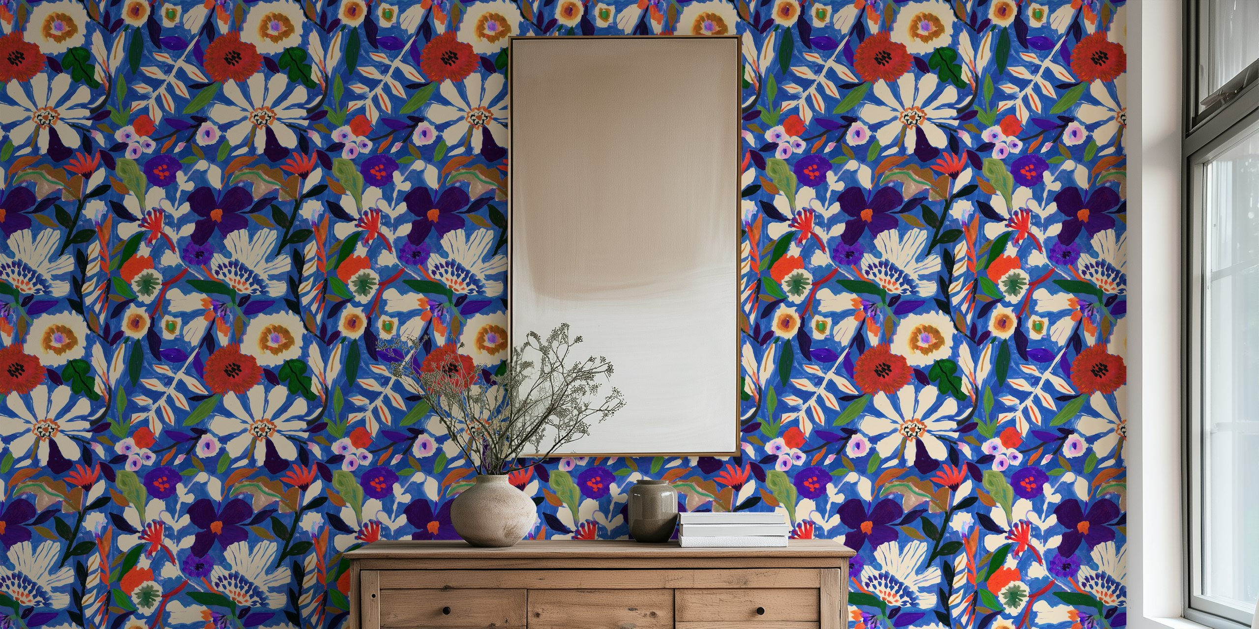 Abstract Garden Painterly Florals wallpaper in a room
