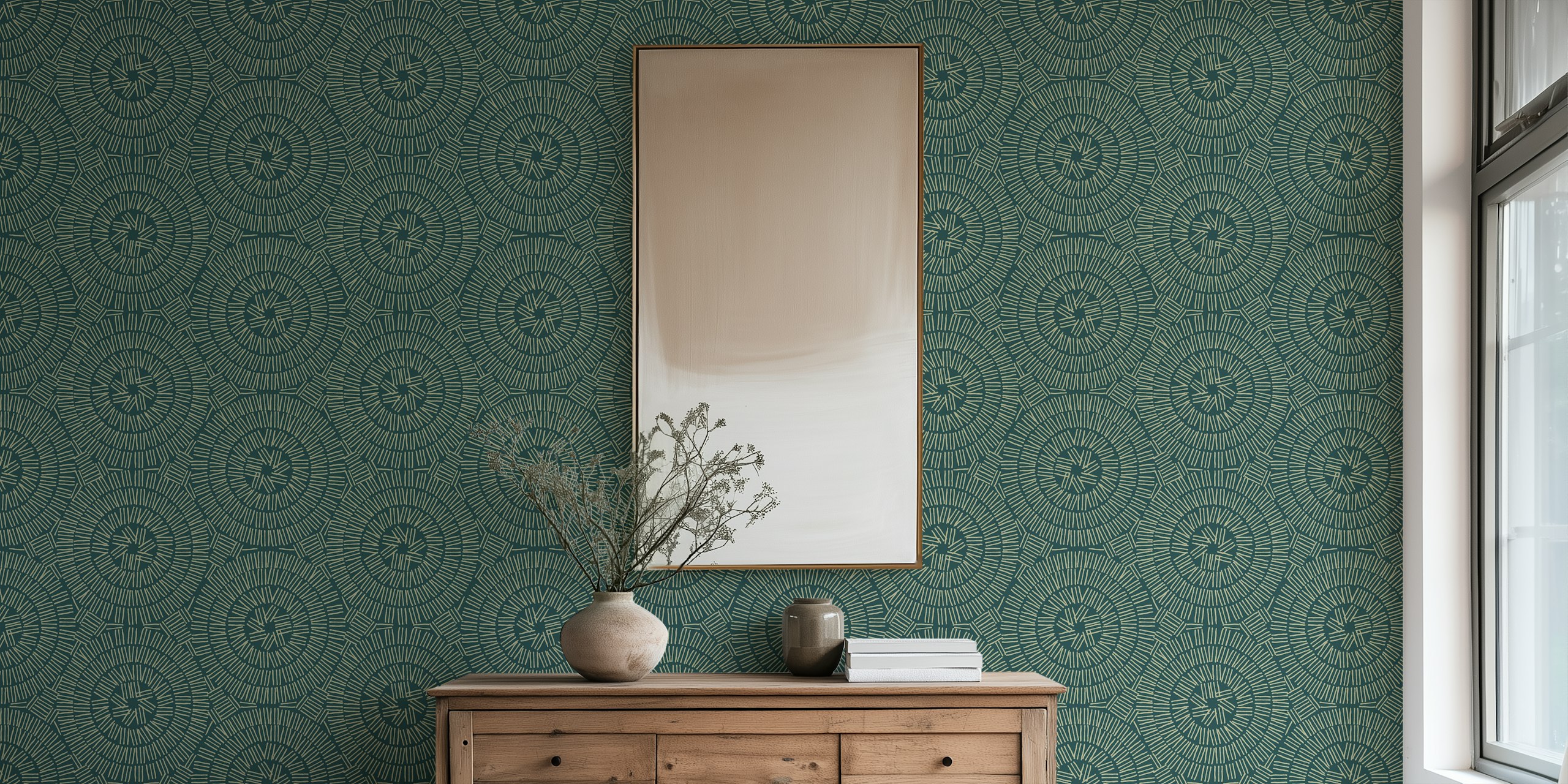Geometric lines and circles in dark green and light beige wallpaper