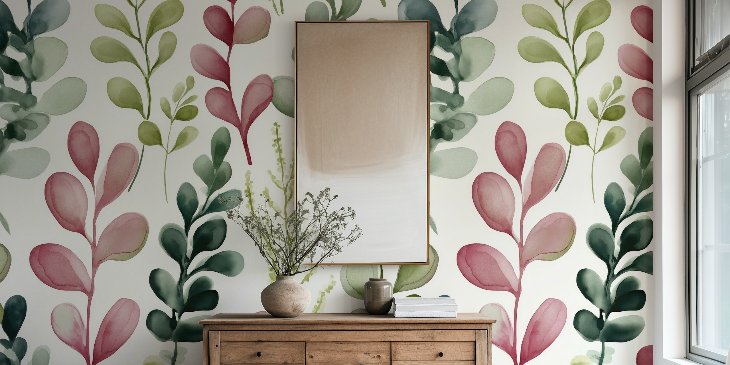 Green and burgundy watercolor leaf pattern wallpaper