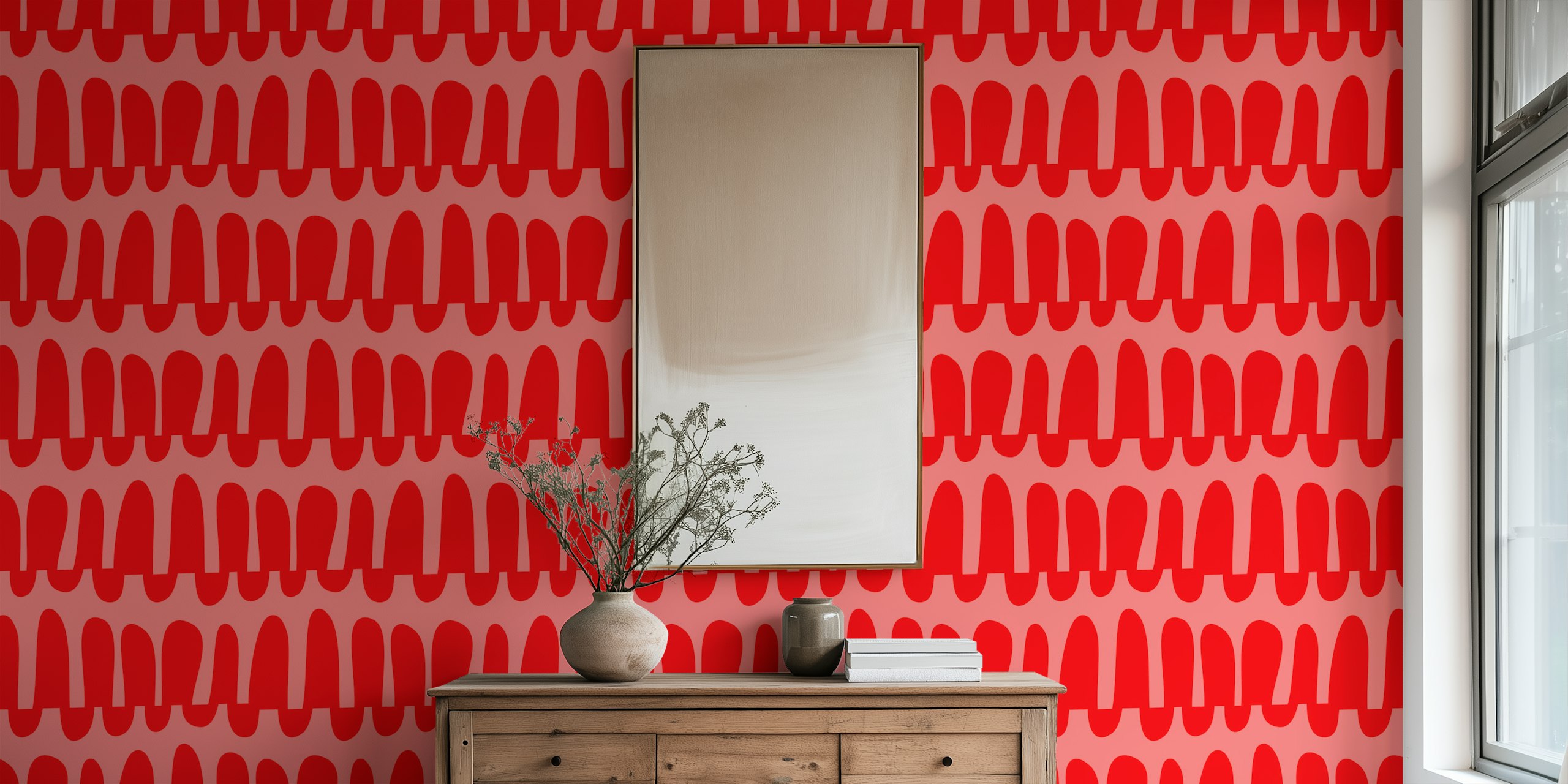 Wavy horizontal stripes pink red wallpaper in room
