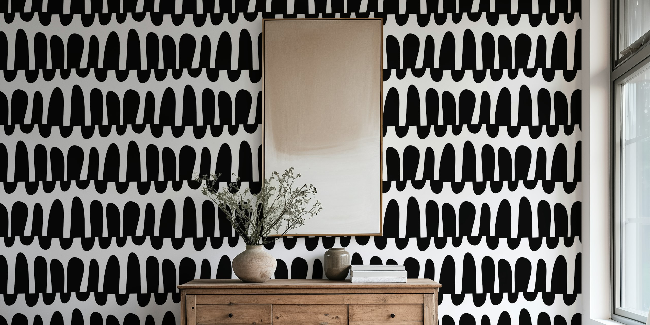 Wavy horizontal stripes in black and white wallpaper