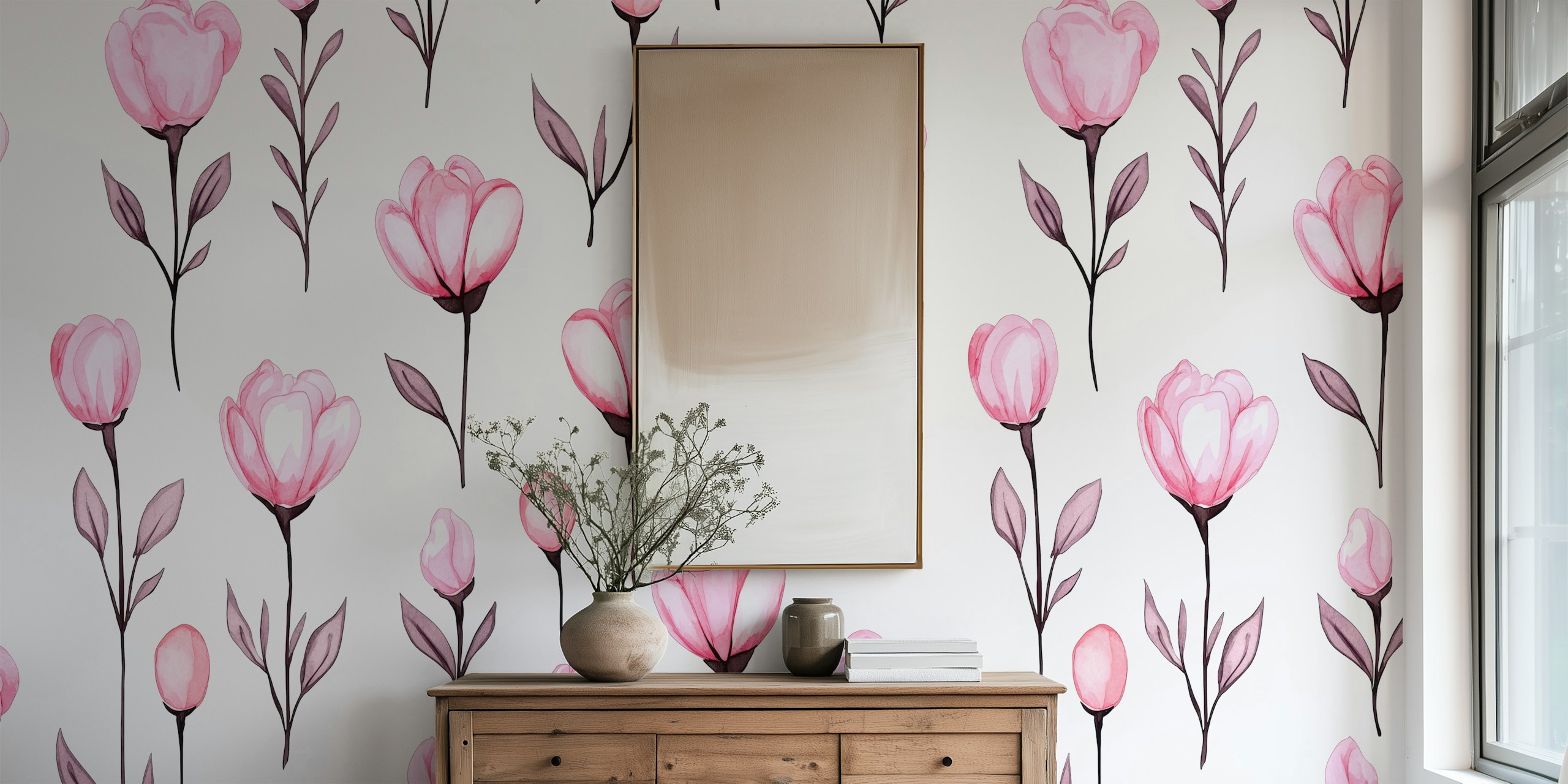Pink floral pattern with blossoms and leaves on white background wallpaper