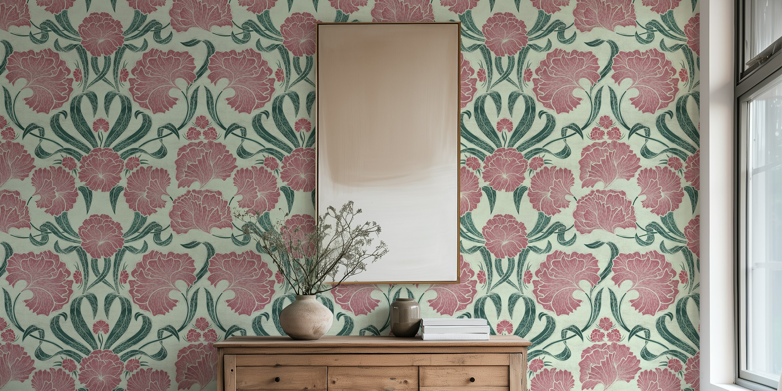 Floral pattern with blush and green colors in botanical style wallpaper