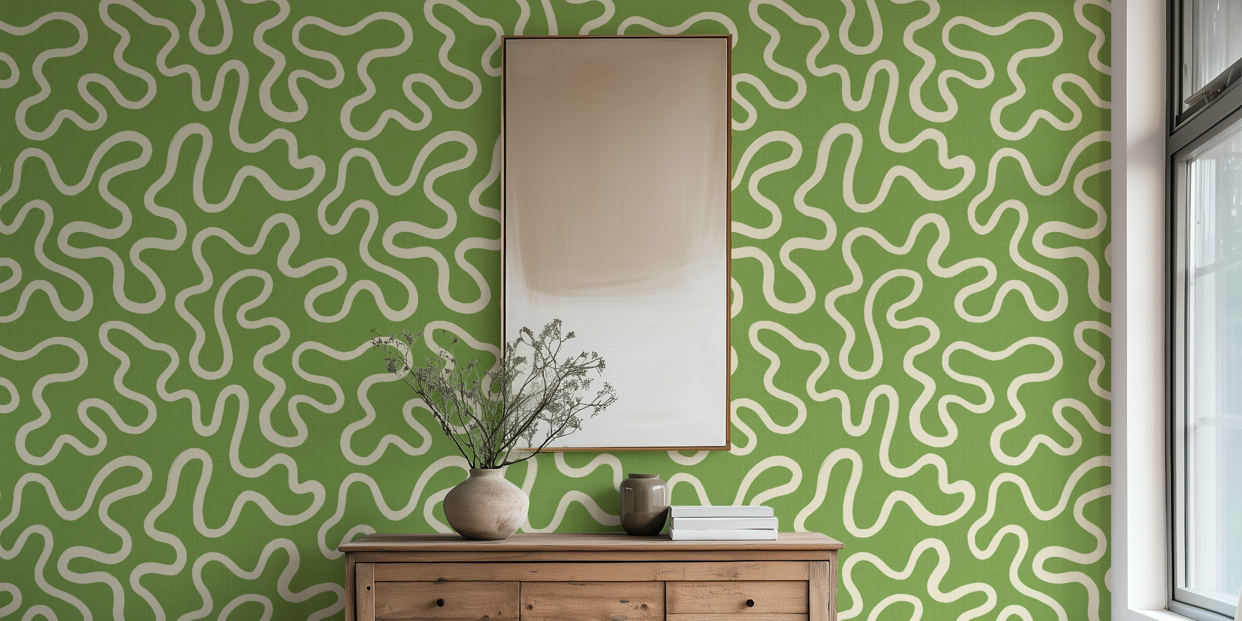 Tapeta Bold green abstract doodle maze w pokoju