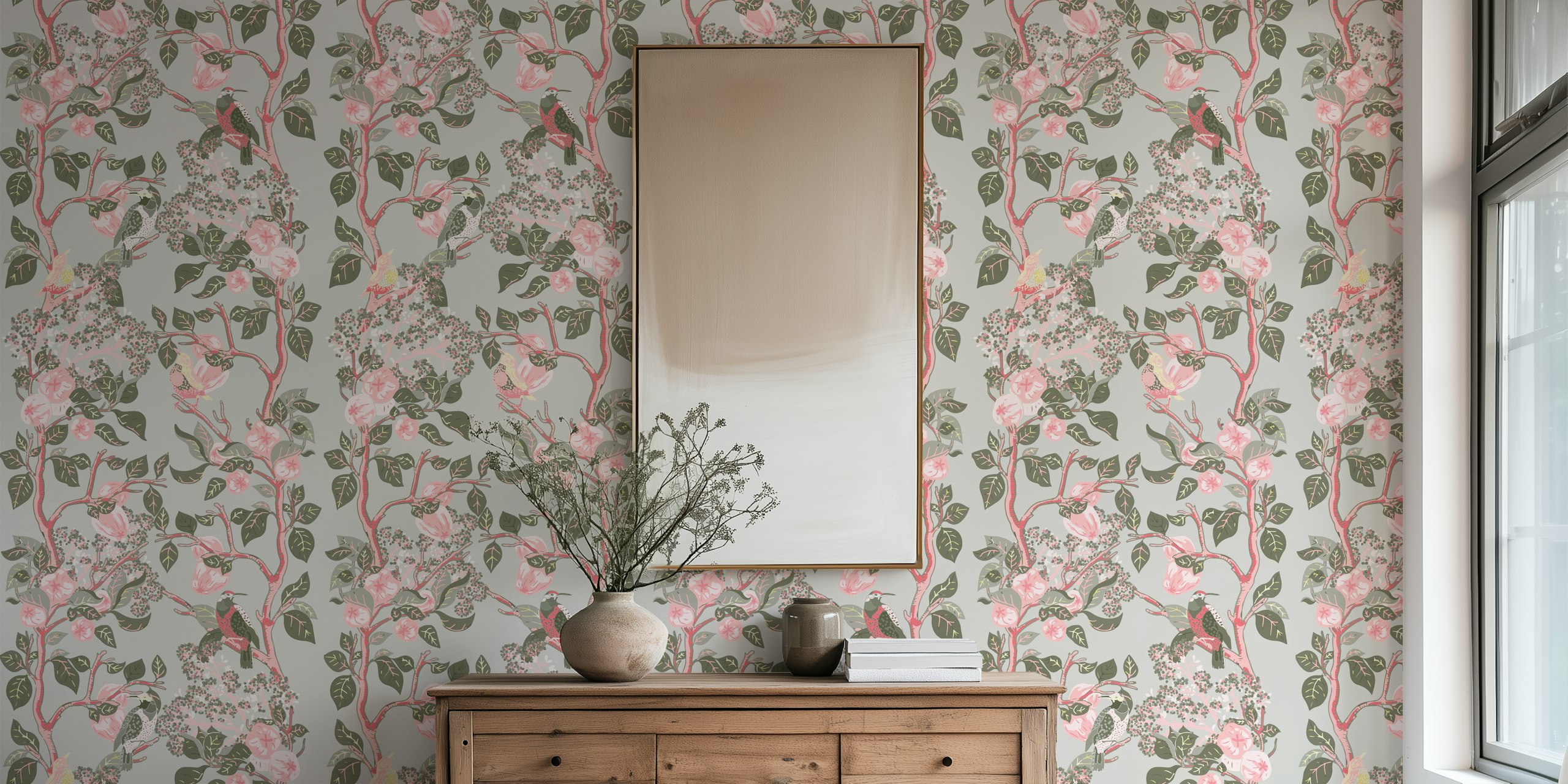 Woodpeckers in Grey and Pink tapet i ett rum