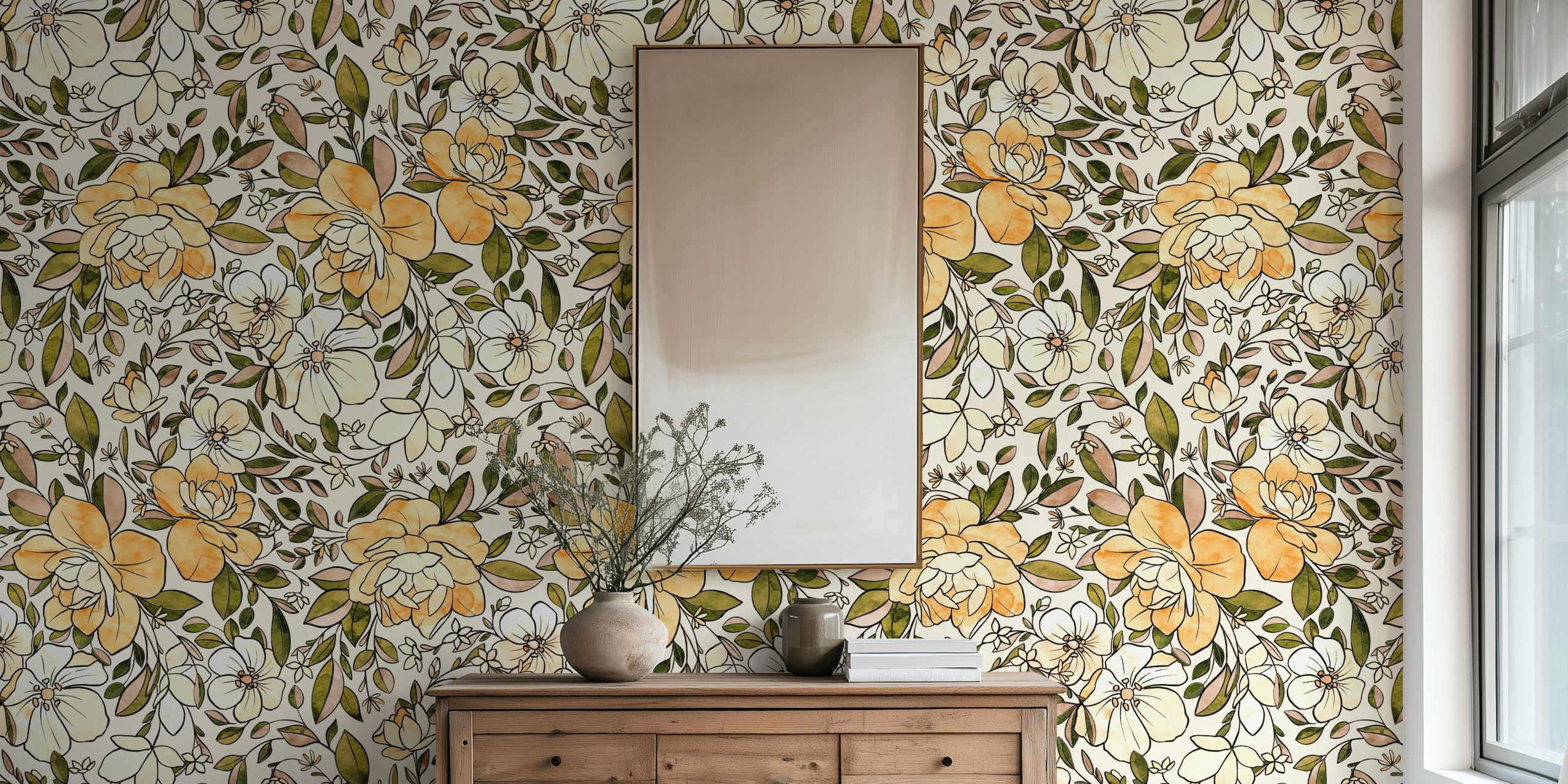 A Vintagey Botanical Floral papel pintado en una habitación