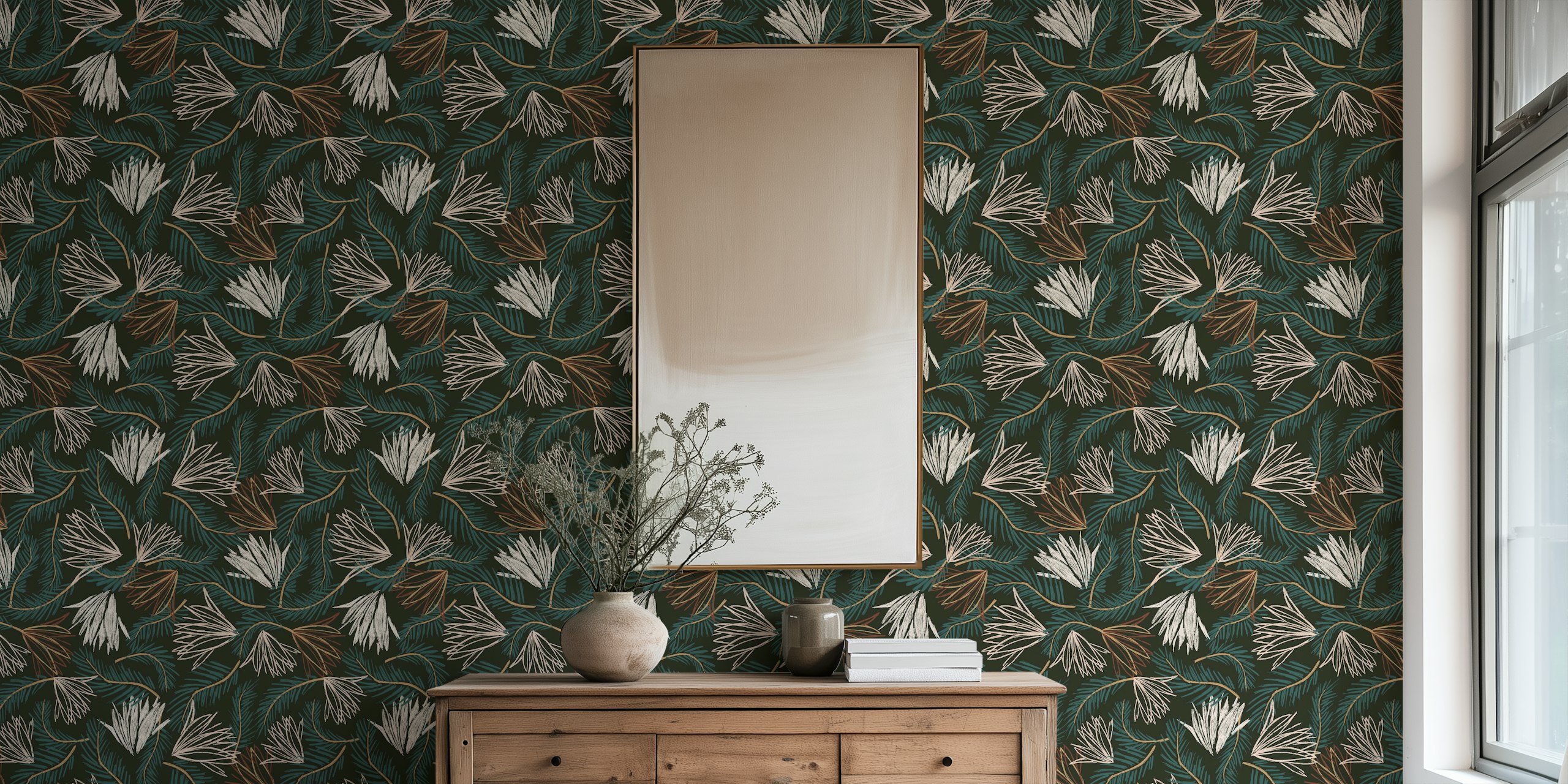 Botanical floral wallpaper featuring white flowers and green leaves on a dark background