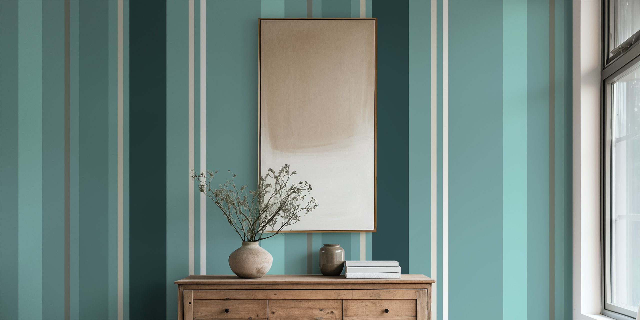 Minimal Stripes Teal Aqua wallpaper displayed in a room