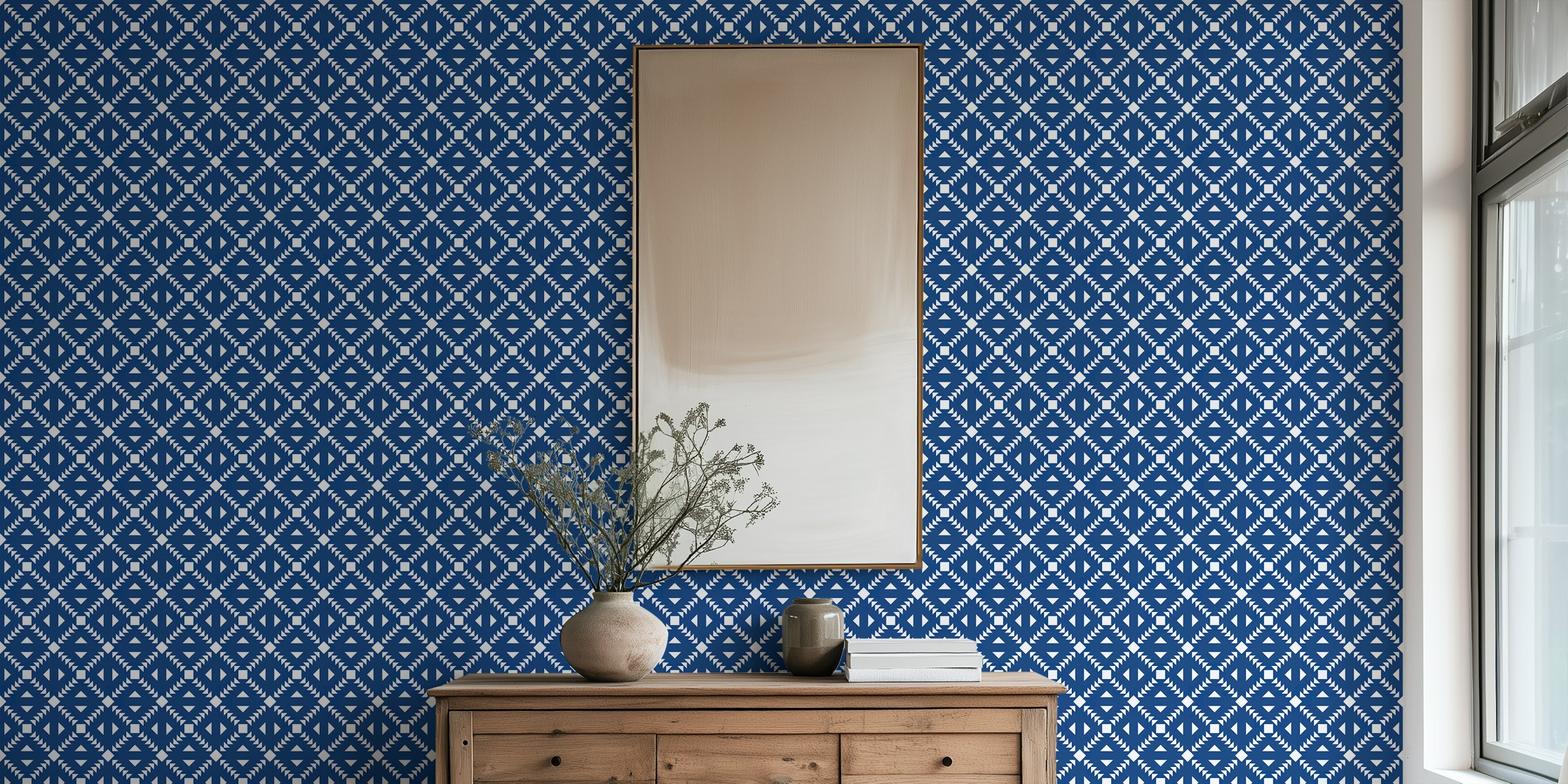 Navy blue tiles minimalist wallpaper in interior