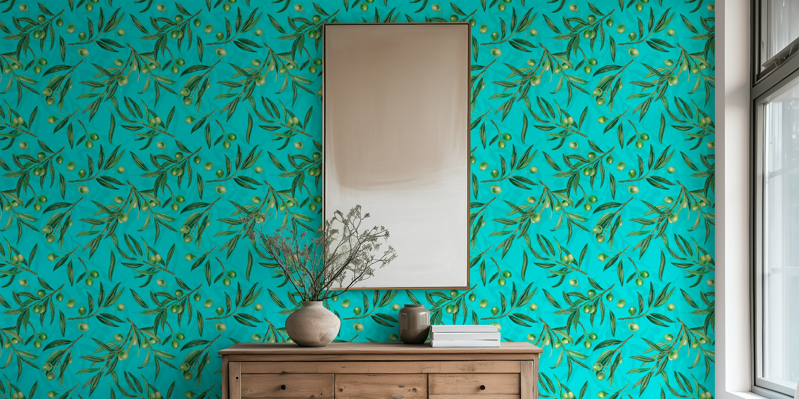 Olive branches with green leaves and golden olives on a watercolor blue background wall mural