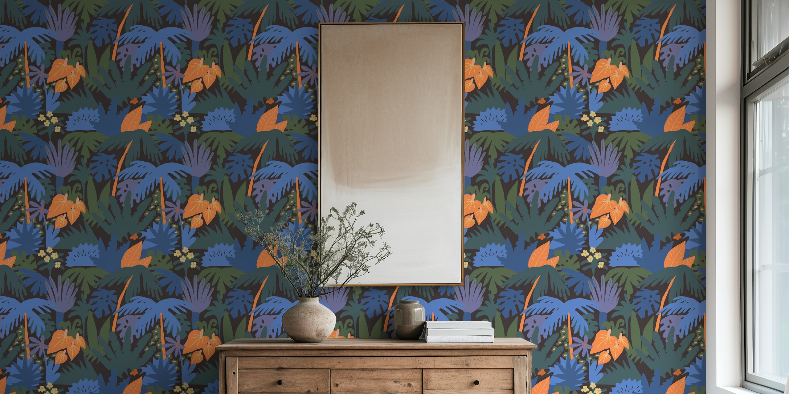 Tropical jungle foliage in green, blue, and orange wallpaper