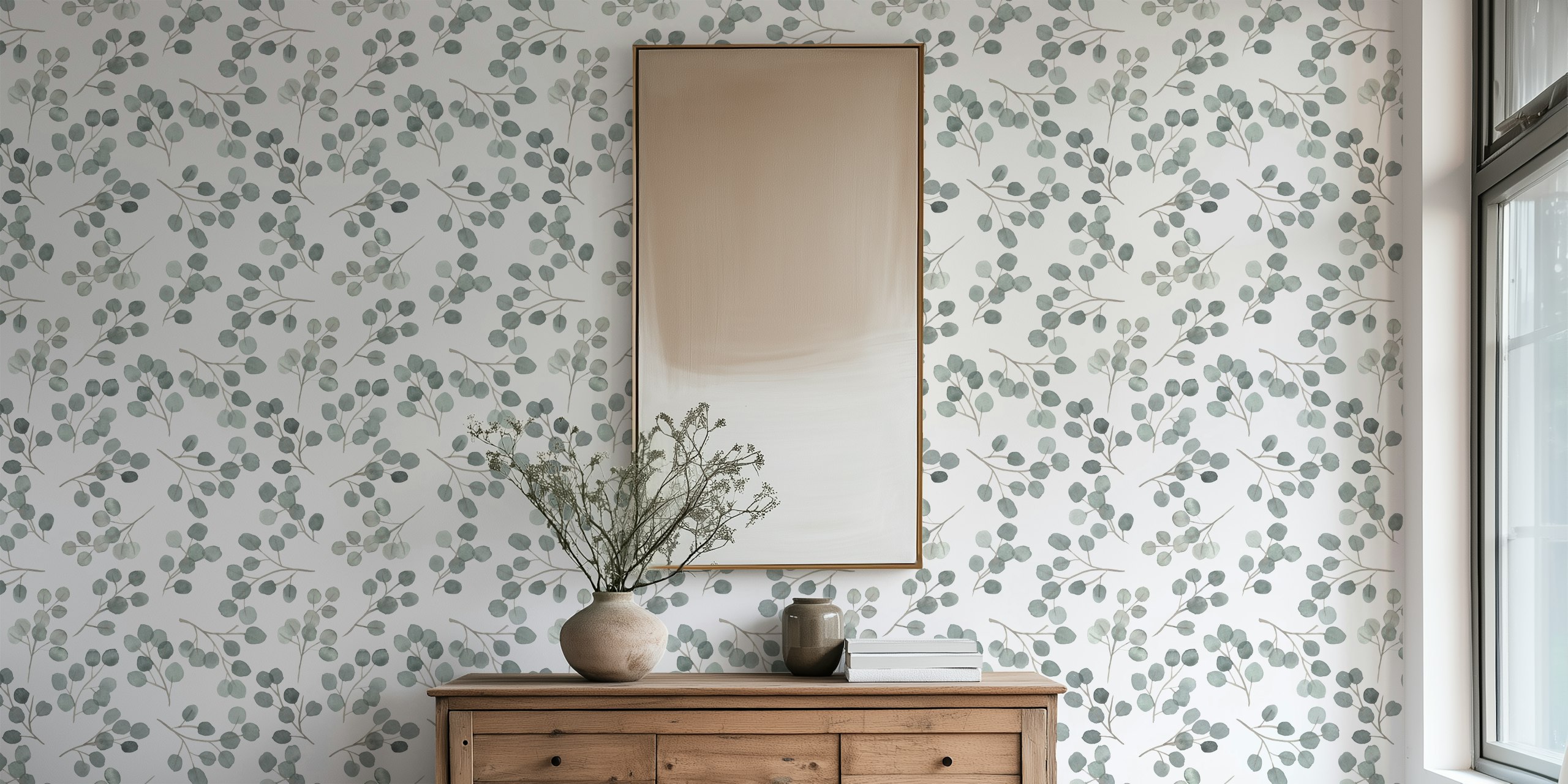 Eucalyptus wallpaper in a room setting