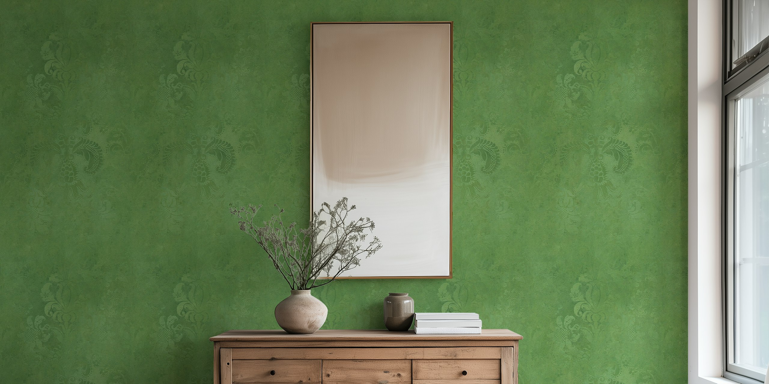 Fotomural con estampado de damasco grunge en color verde manzana con elementos de diseño vintage