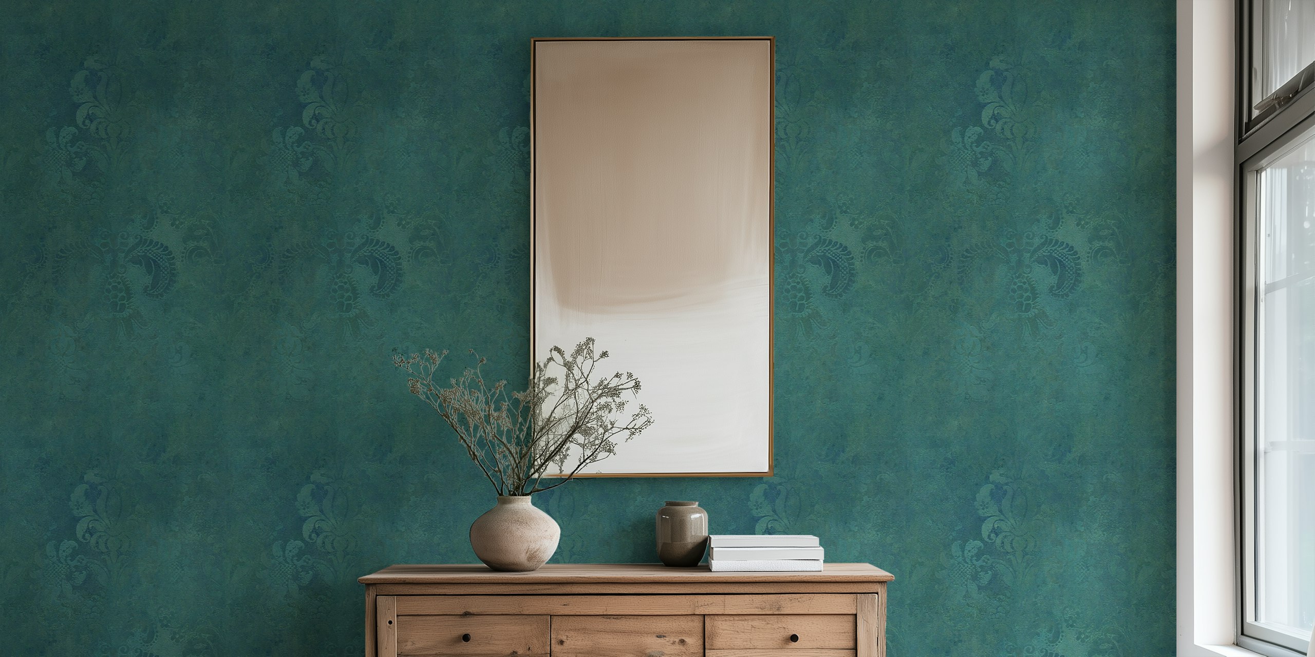 Grunge Damask Pattern -seinämaalaus Viridian Green -väristä teksturoitua ulkonäköä