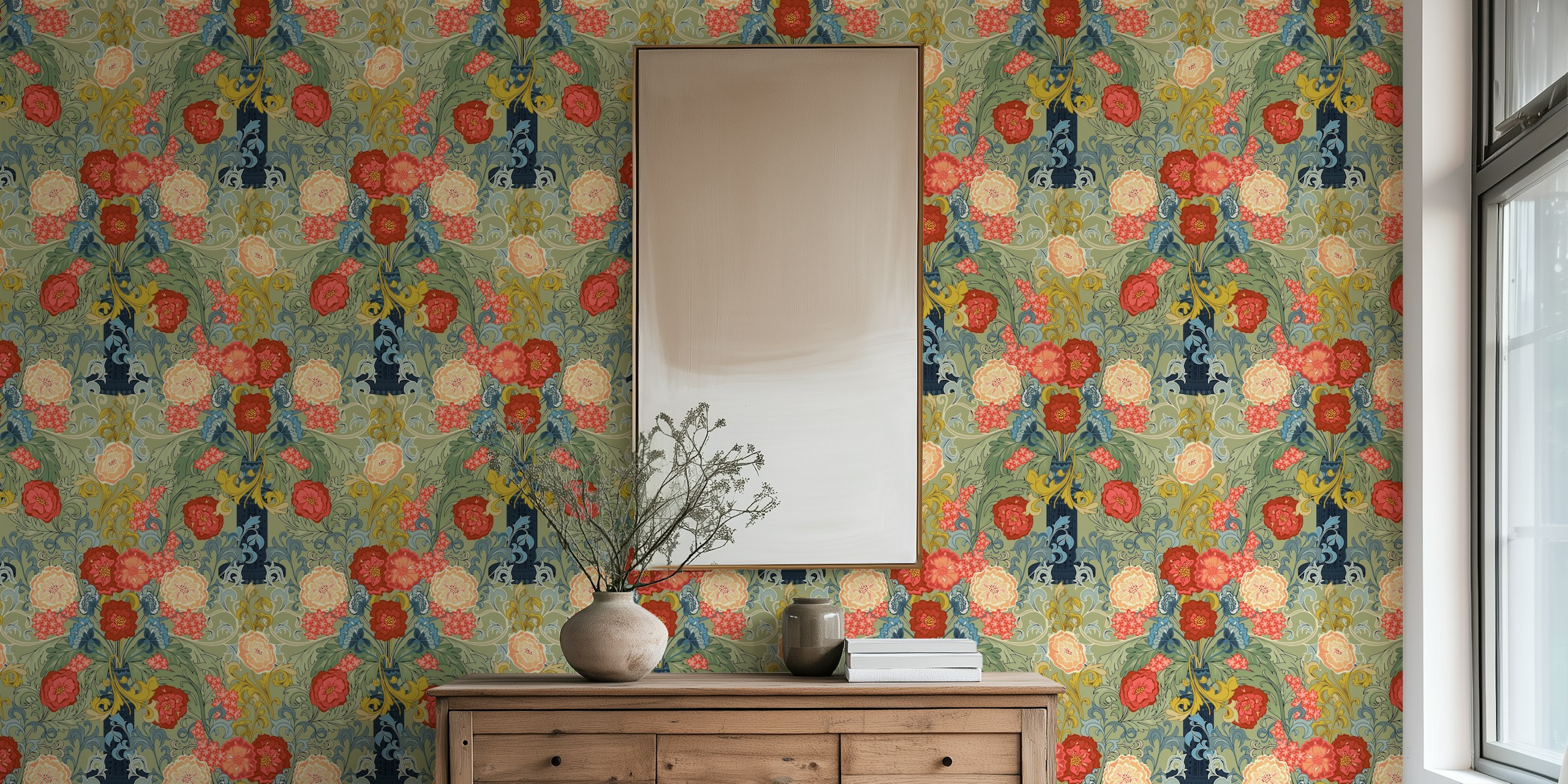 Victorian bloemenbehang met rozen en groene bladeren in salie groene achtergrond.