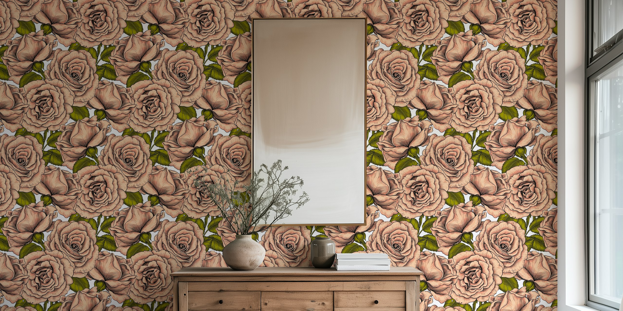 Cream floral wallpaper with pink roses and green leaves