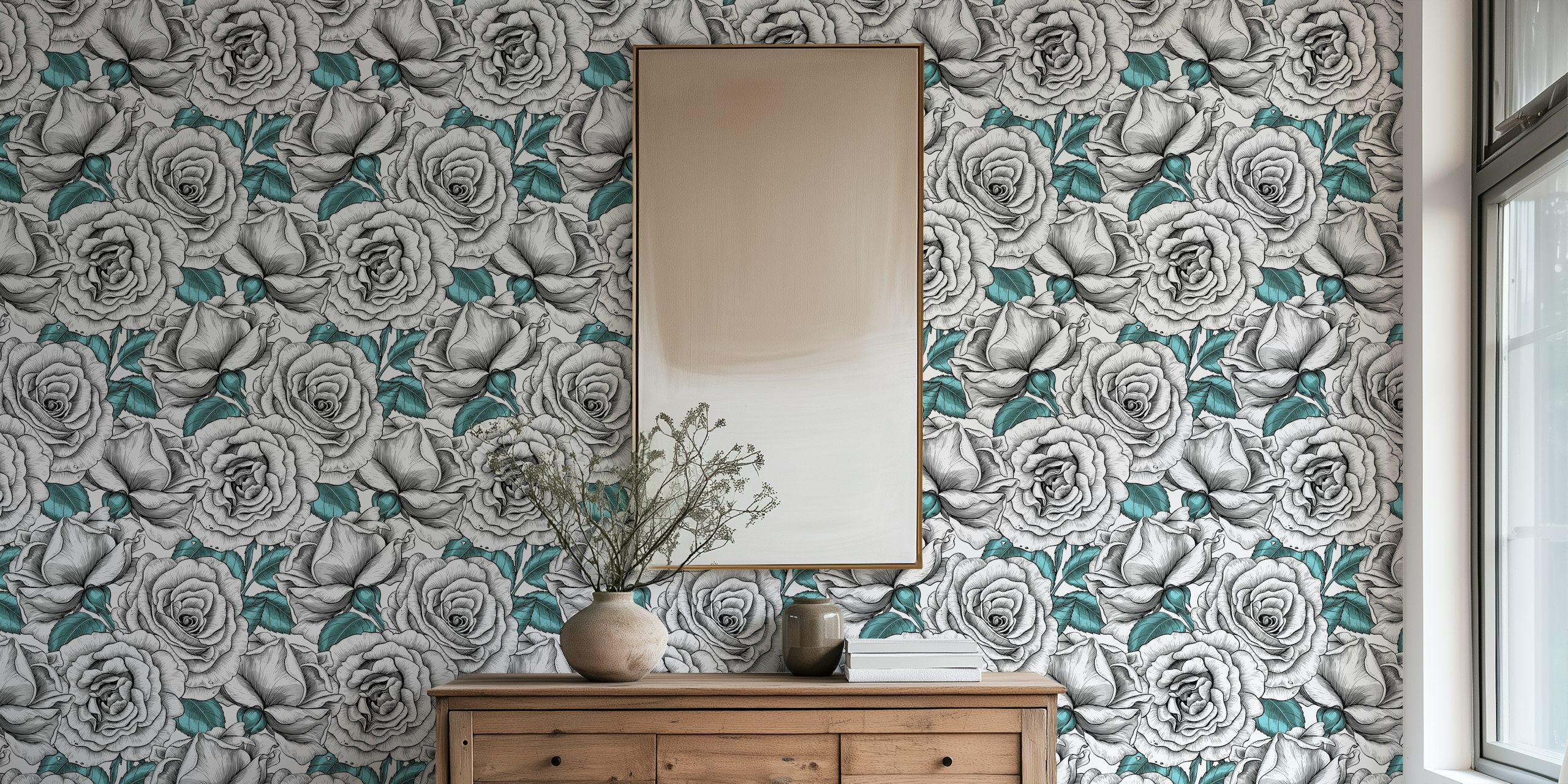 Wallpaper featuring white roses in a room