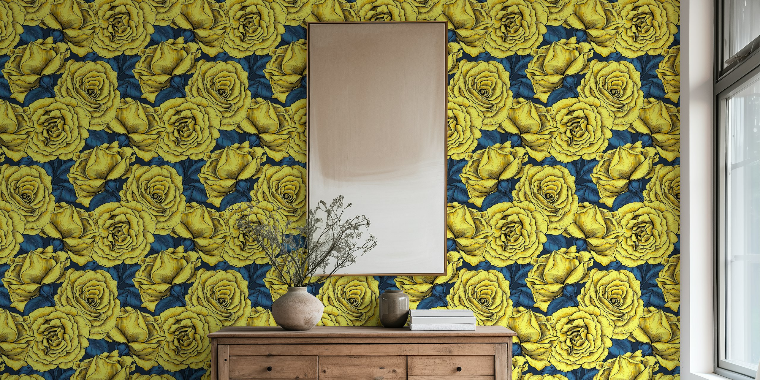 Yellow roses s plavim lišćem u dekoru