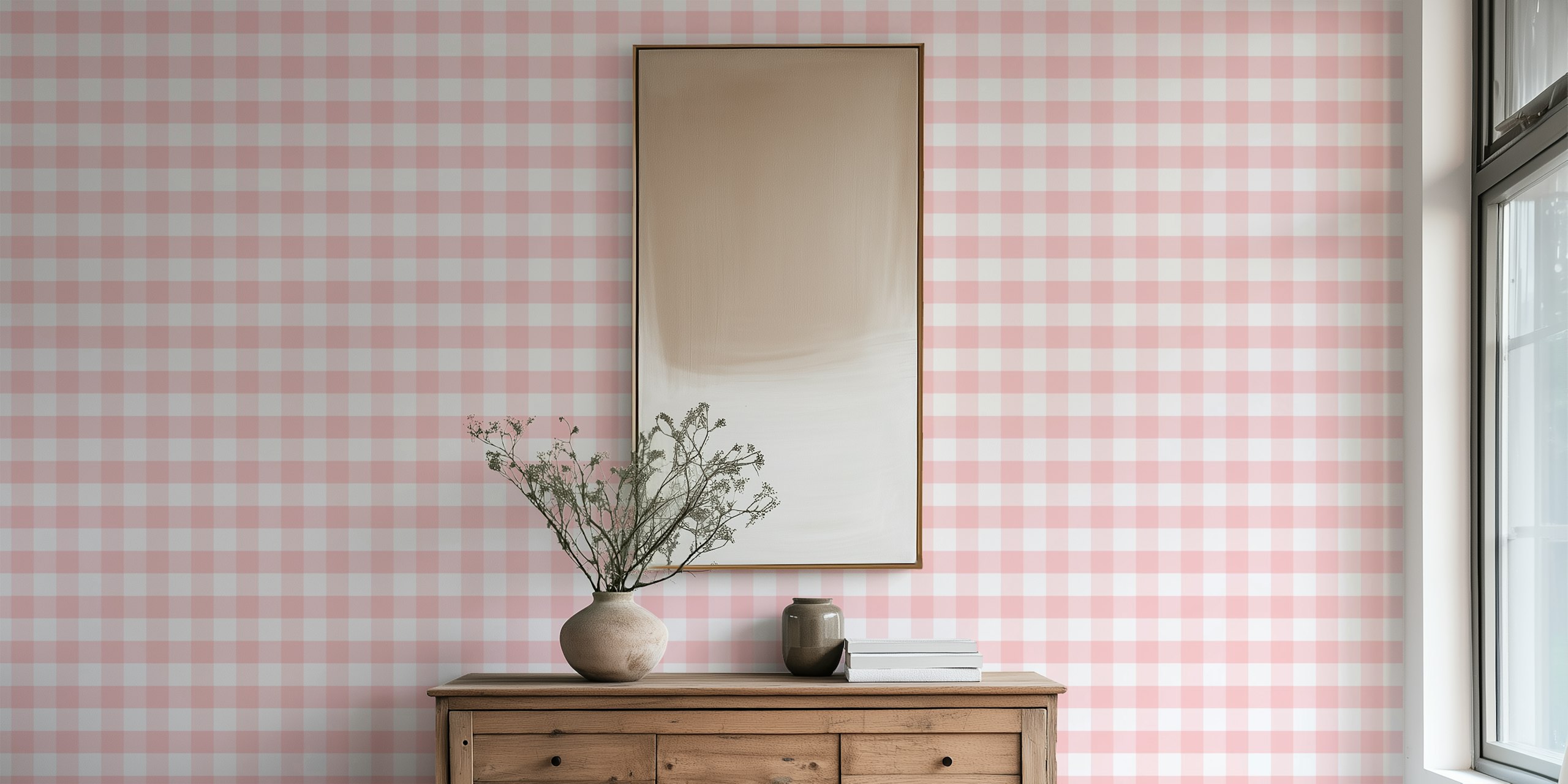 Pink gingham pattern wallpaper with light and dark pink squares