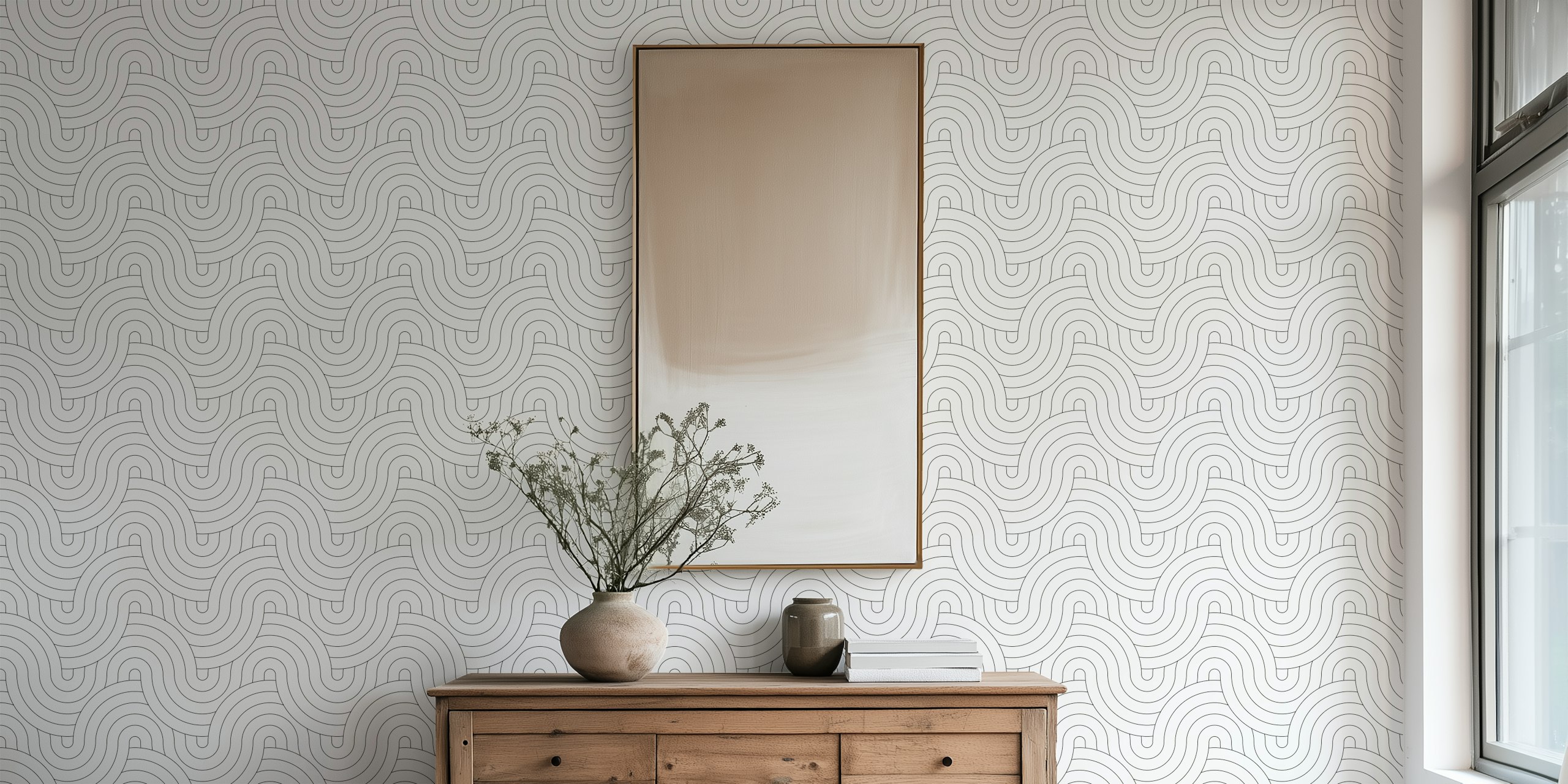 Curved black and white geometric pattern wallpaper