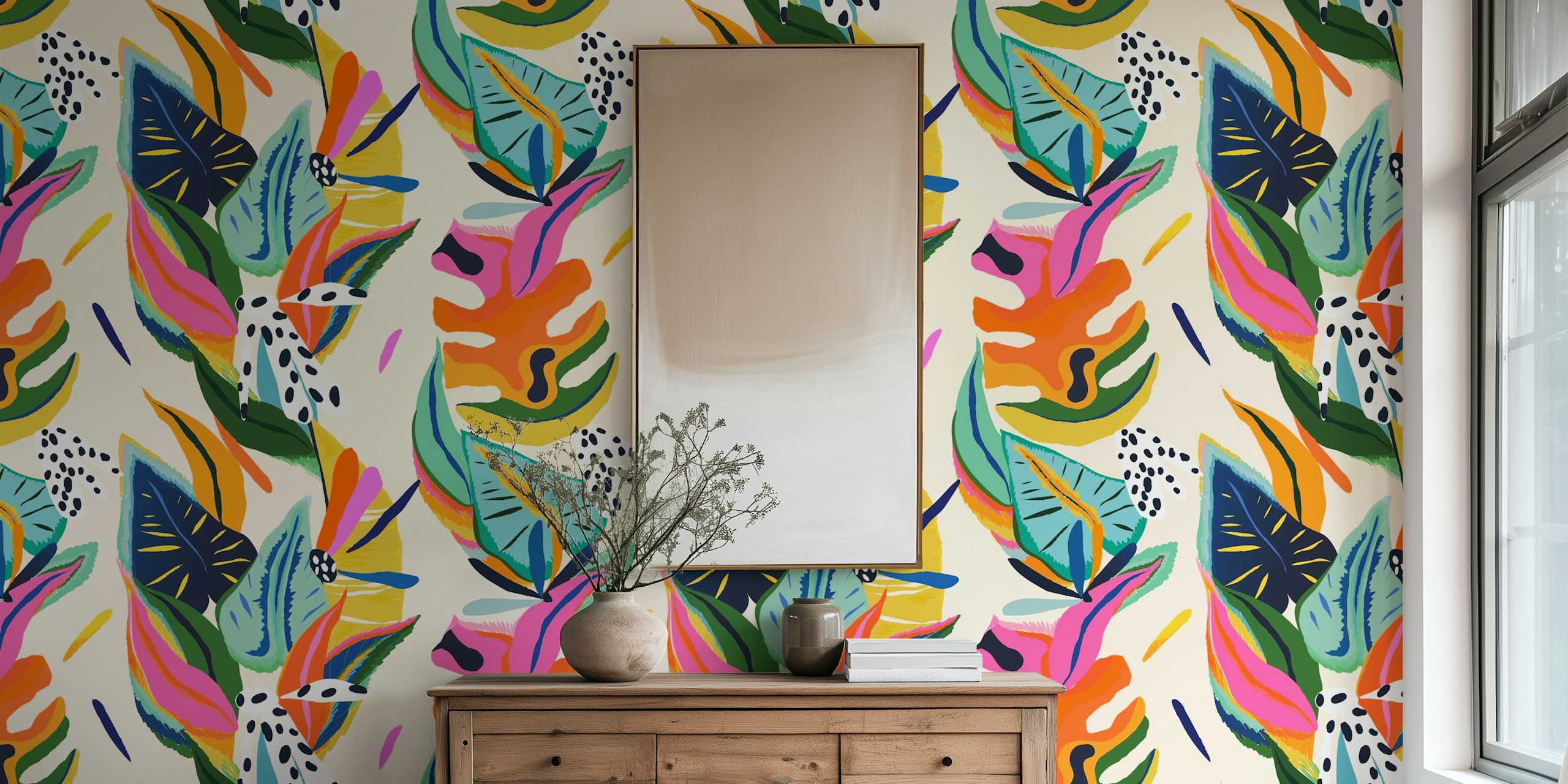 Colorful tropical leaves with vibrant patterns wallpaper