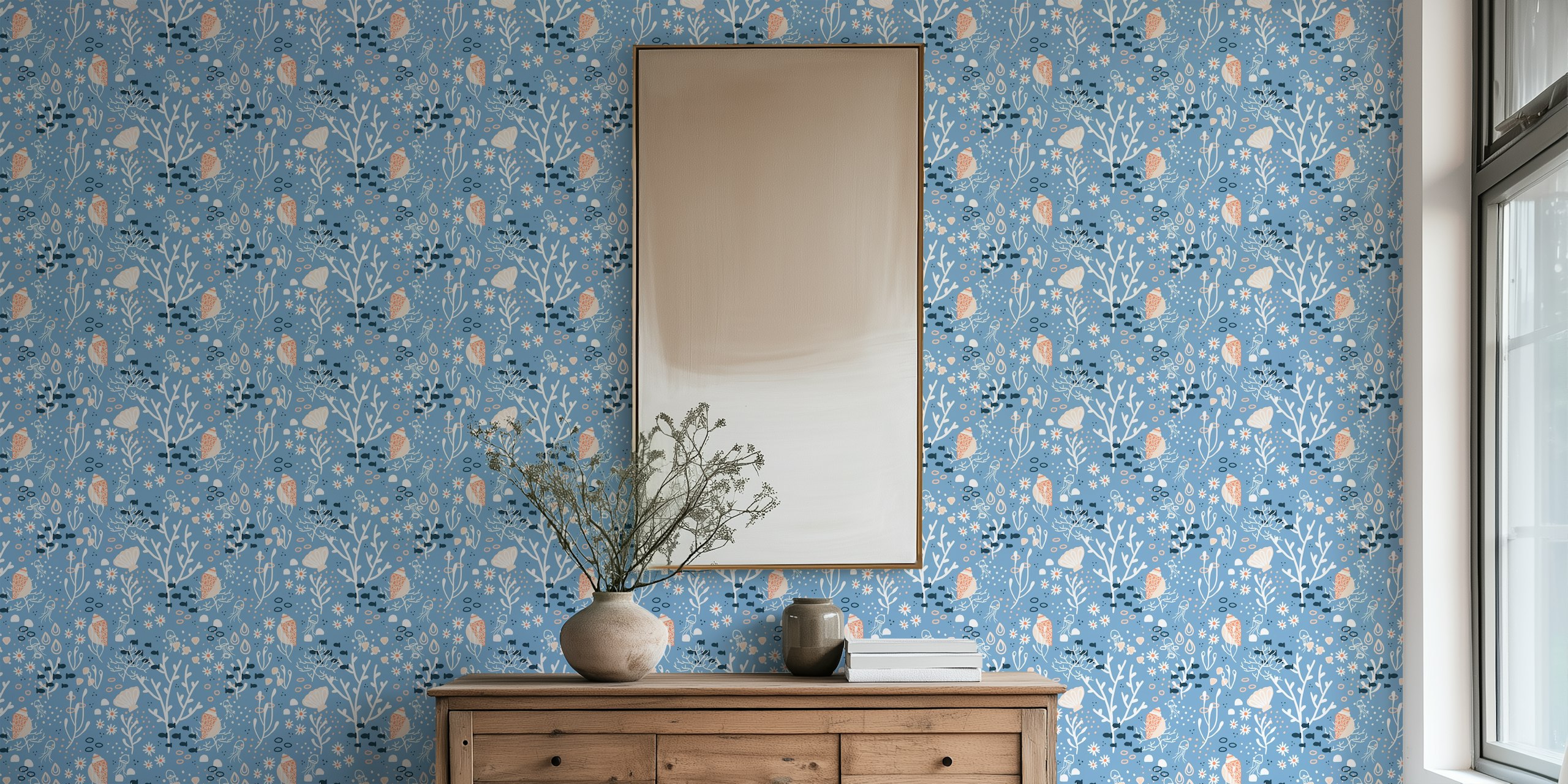 Illustrative seashell pattern wall mural with oceanic elements in pastel colors