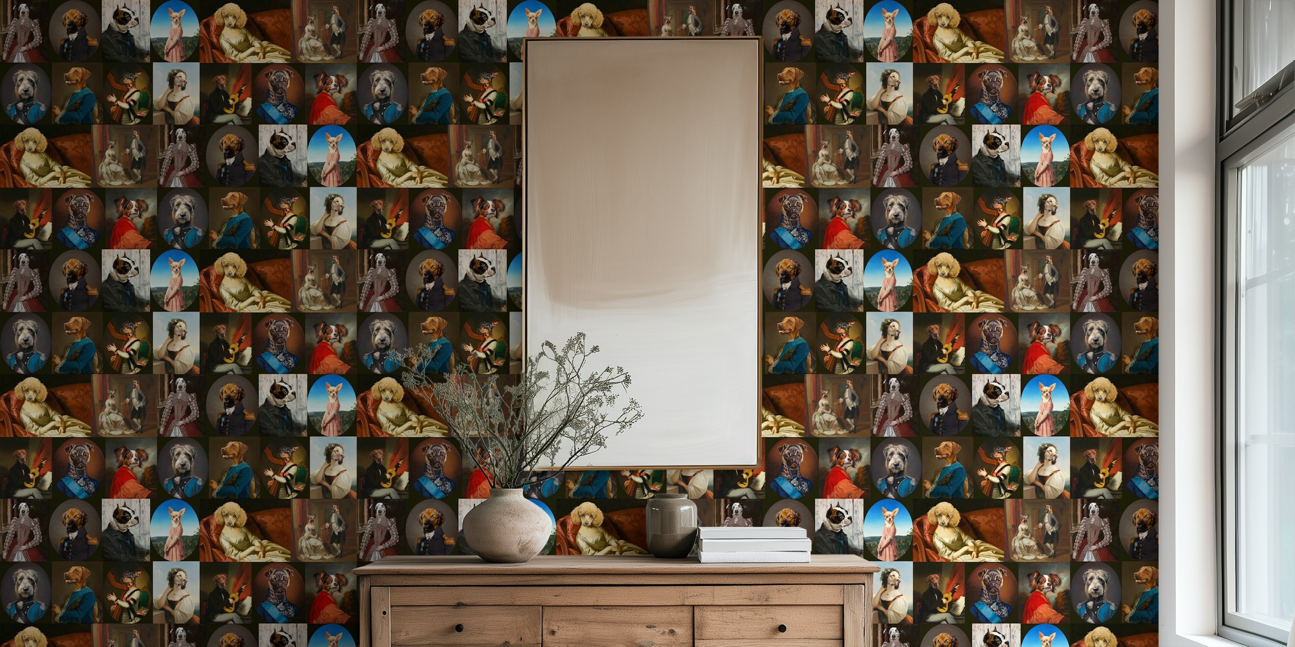 Variety of dog portraits in classic artwork style wallpaper