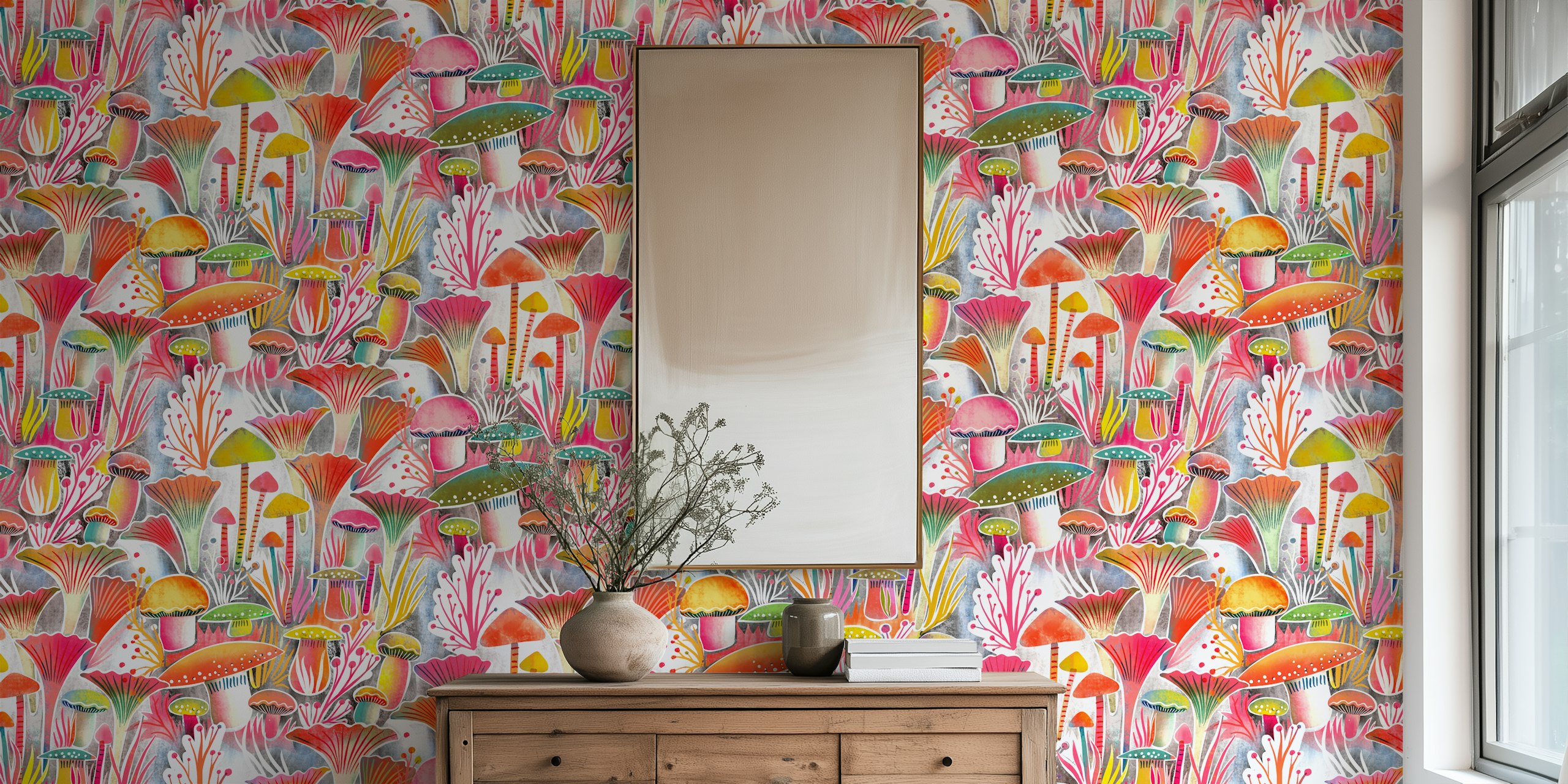 Colorful mushroom forest design featuring pink and green mushrooms, modern watercolor wallpaper